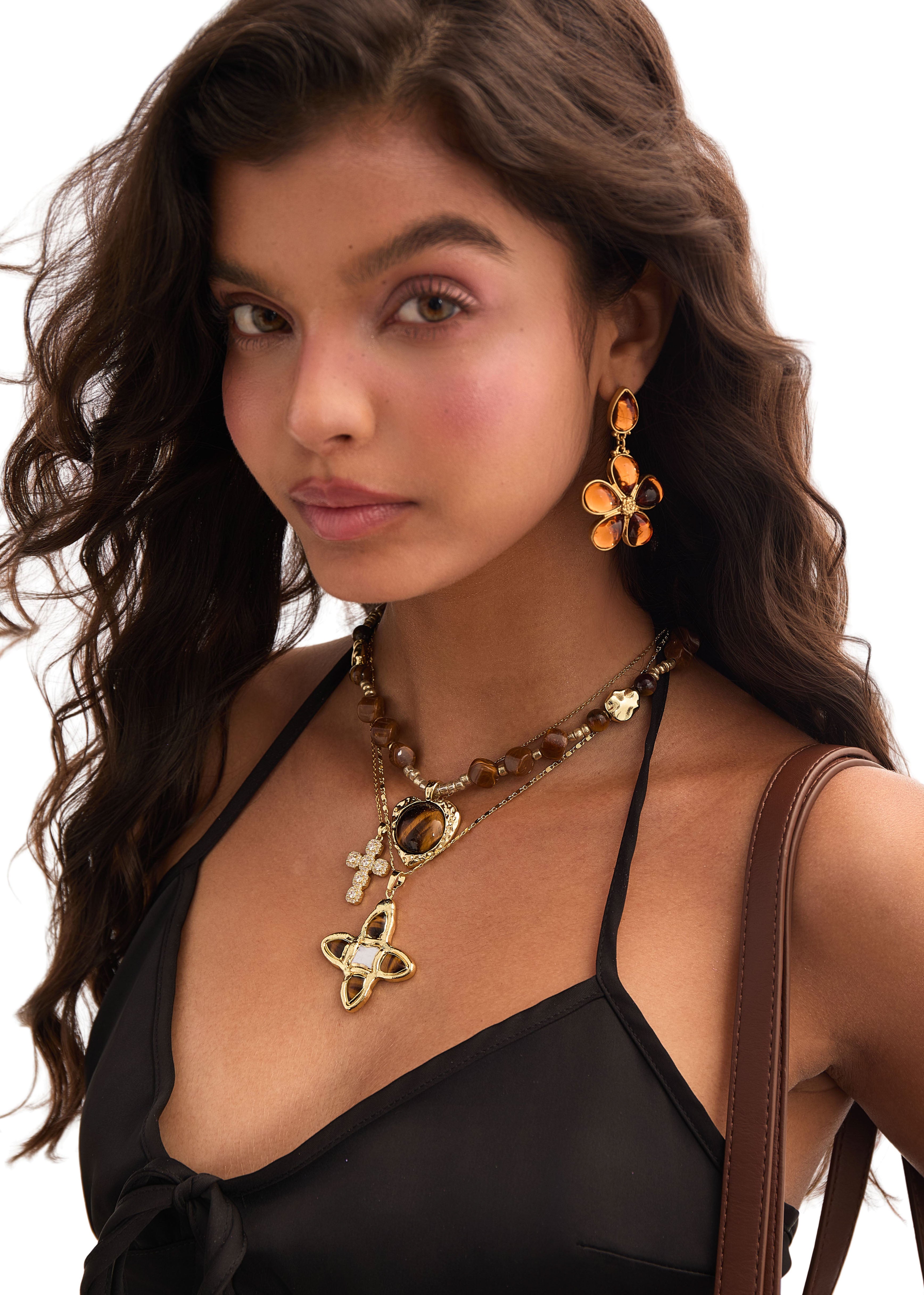 Manuelle Brown Stone Tiger's Eye Golden Necklace