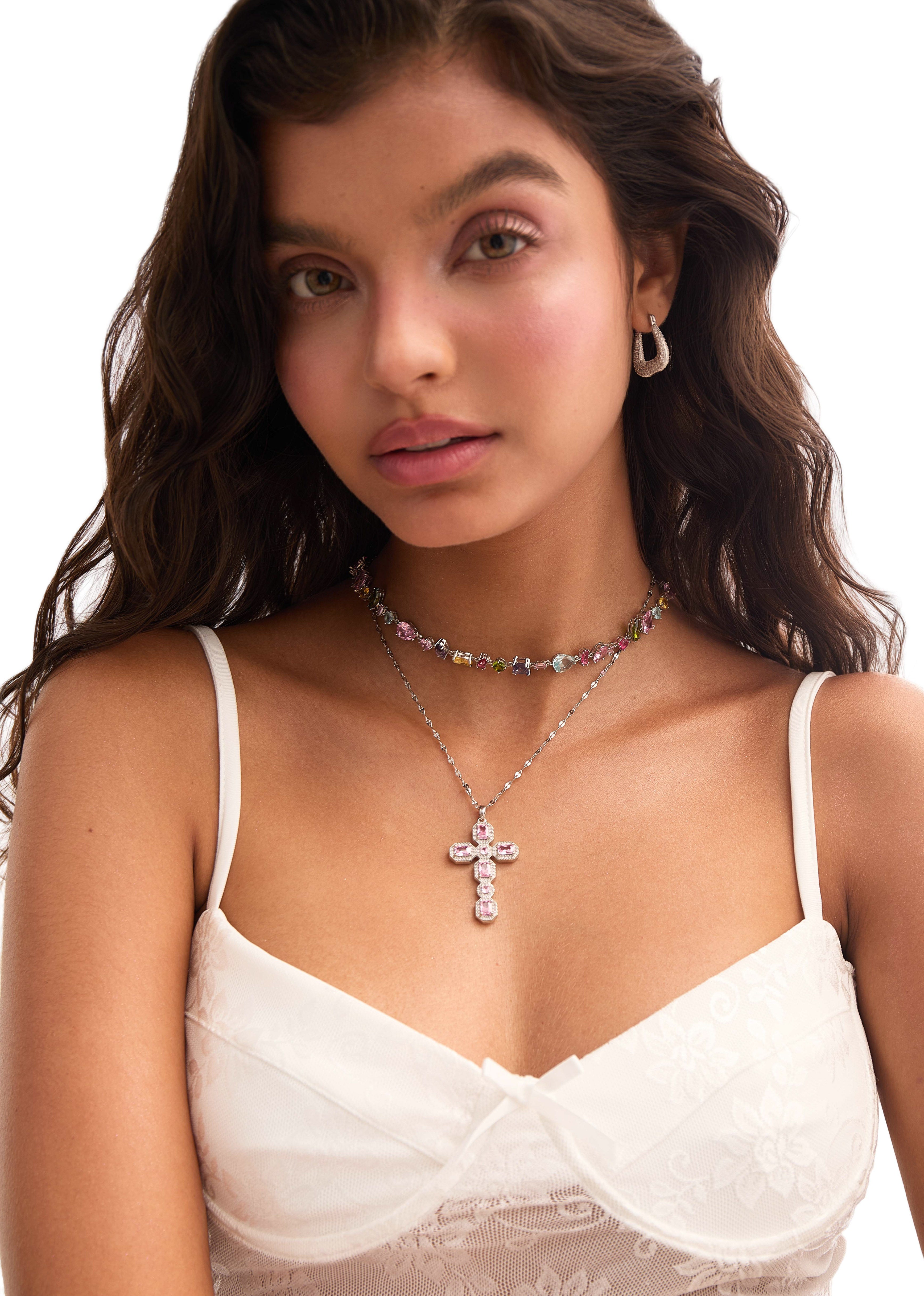 Scarlett Pink Silver Cross Necklace