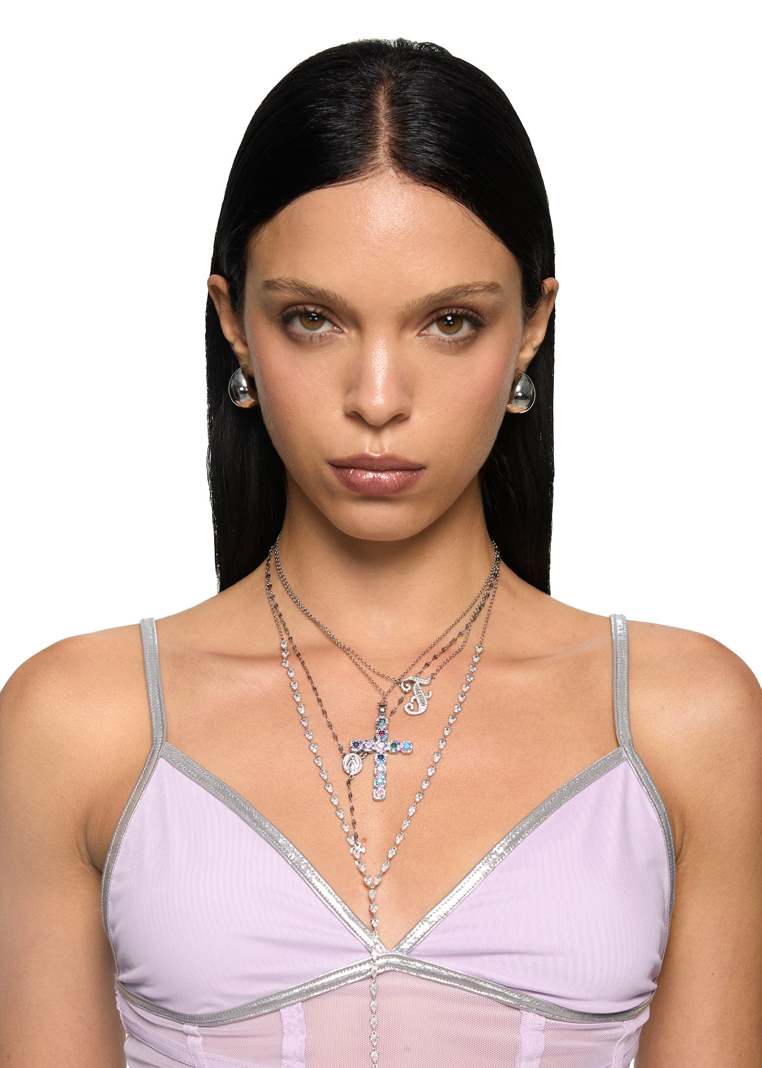 Martina Cross Long Chain Necklace - Silver
