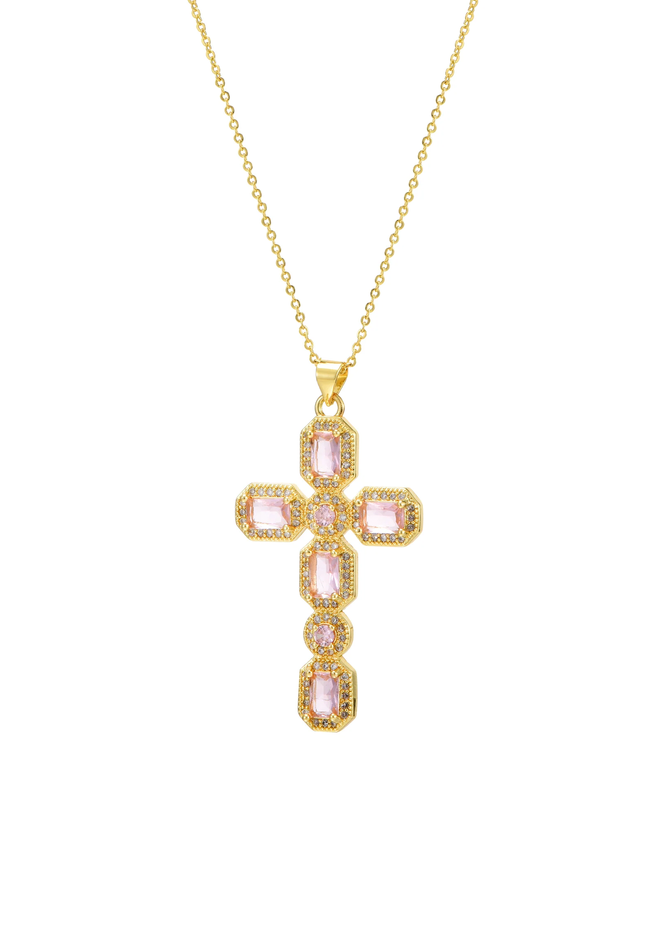 Scarlett Pink Golden Cross Necklace – Vintage Jewelry for