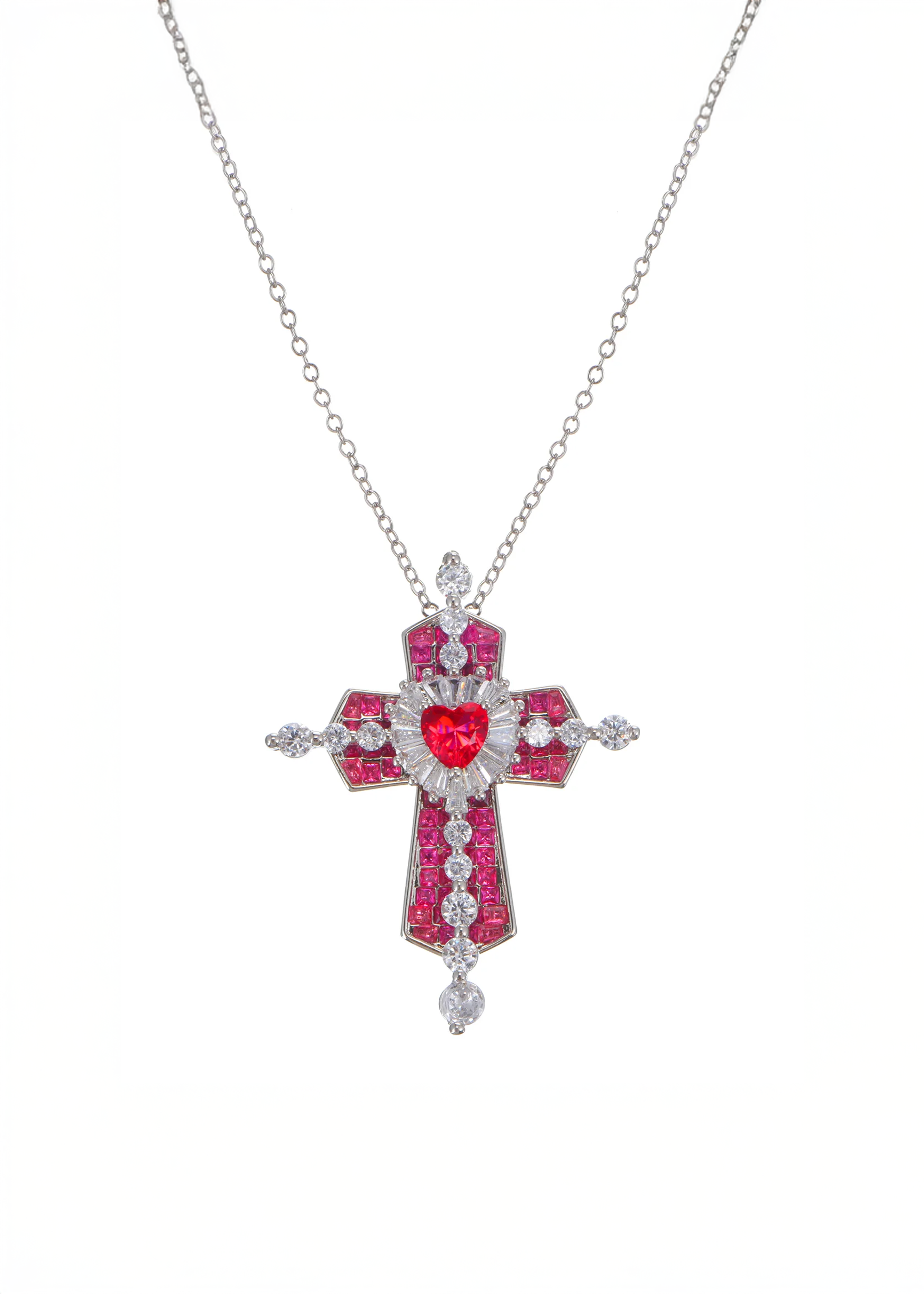 Trya Red Heart Cross Glitterling Necklace