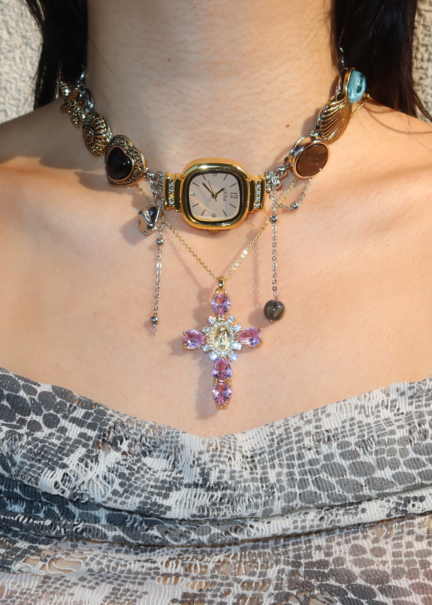 Luana Pink Cross Golden Necklace