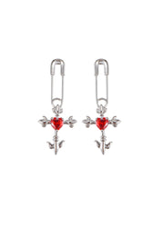 Foufou Red Crazy Love Cross Heart Silver Earrings