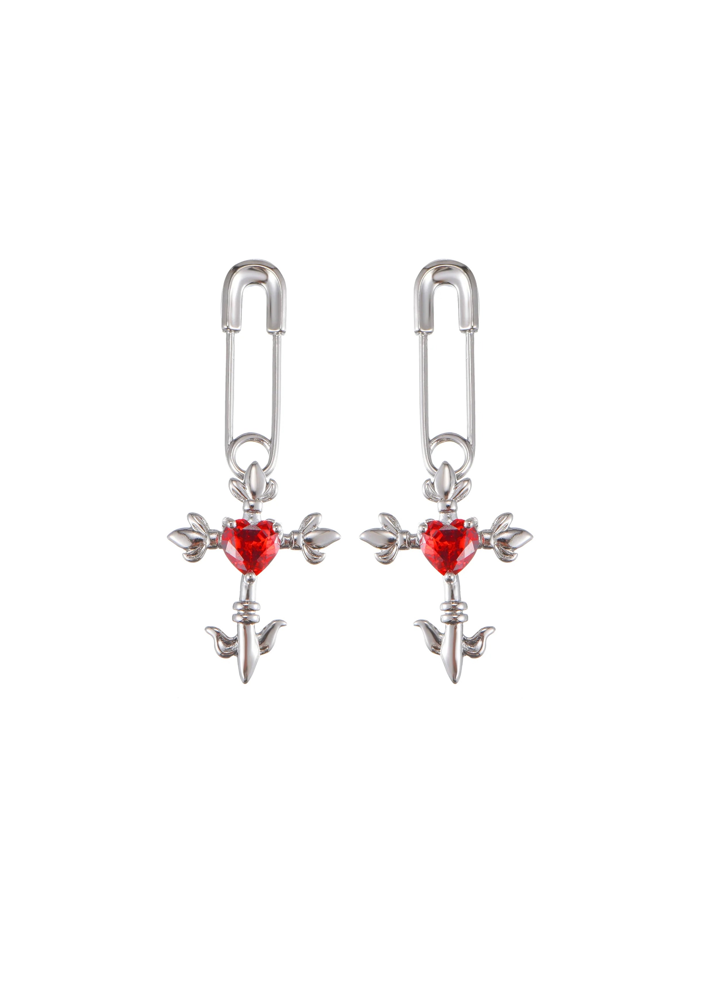 Foufou Red Crazy Love Cross Heart Silver Earrings