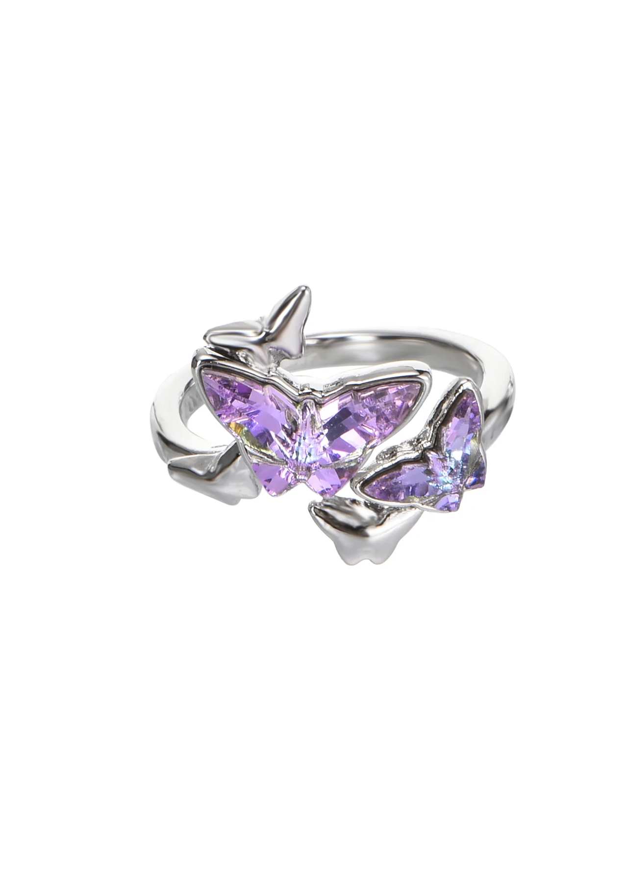 Crystal Purple Butterfly Adjustable Silver Ring