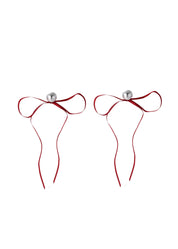 Red Bow Long Ribbon Earrings