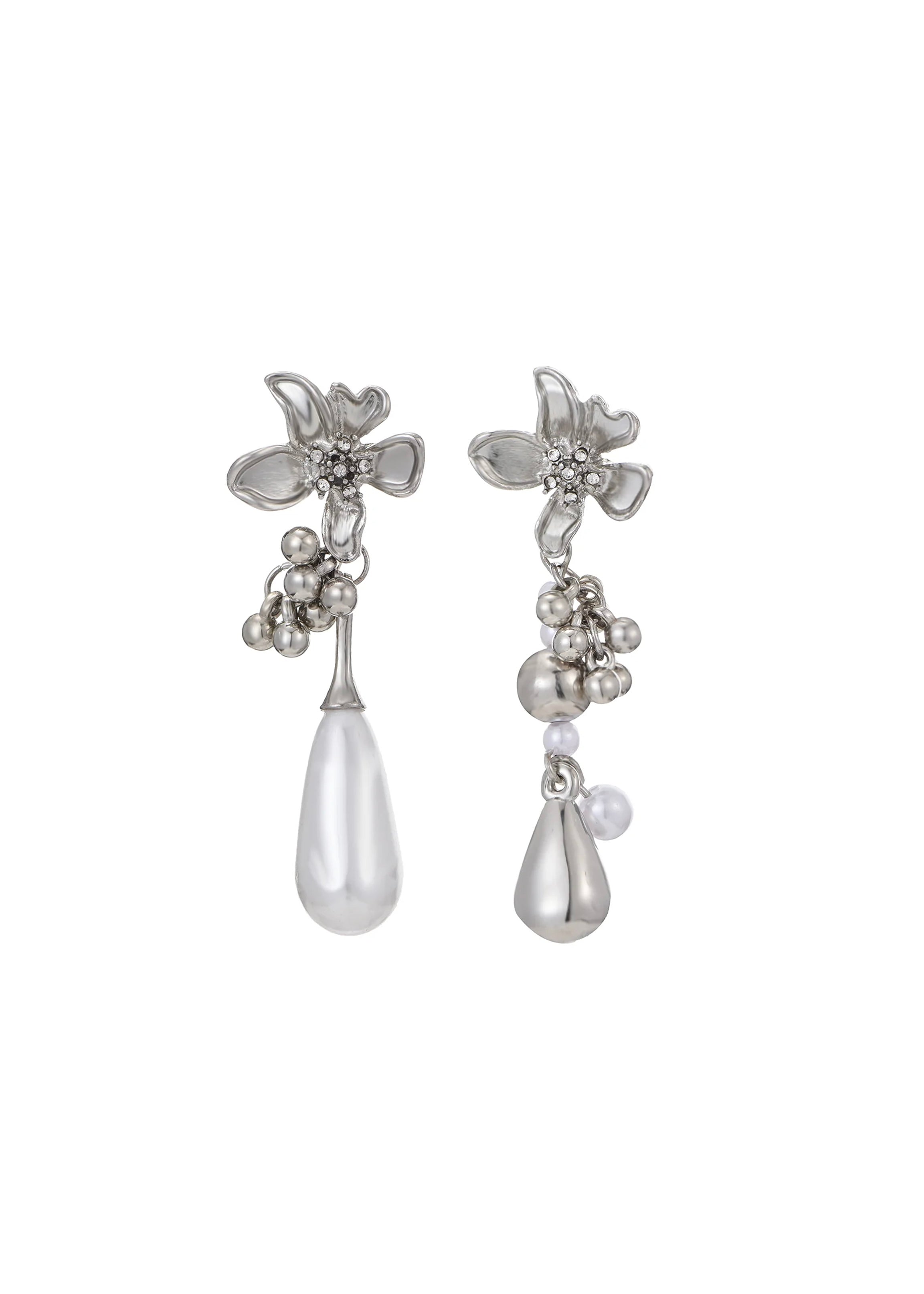 Pearl And Spring Flower Asymetric Silver Earrings