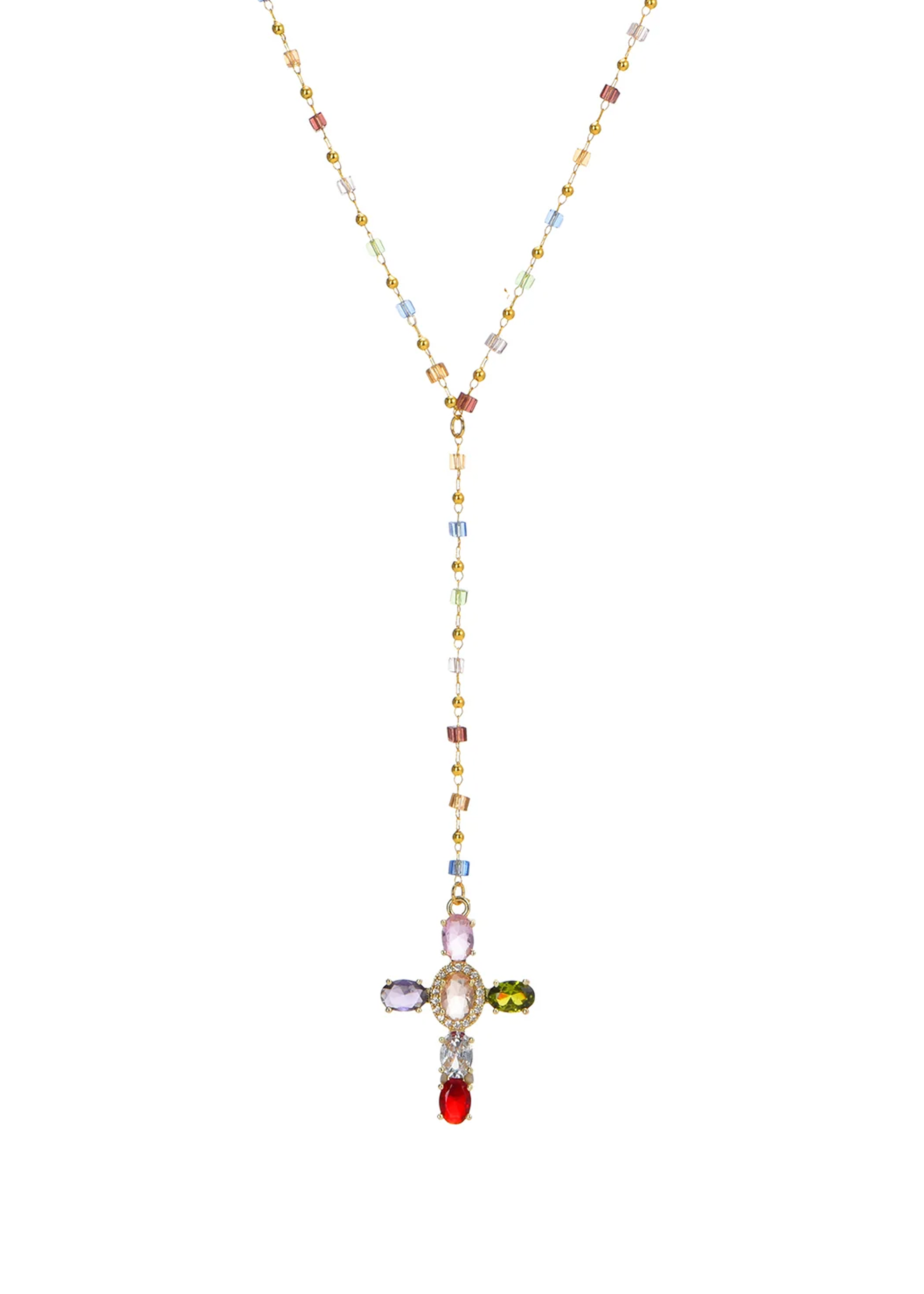 Collar Geraldine Cruz de Cristal de Colores Dorado