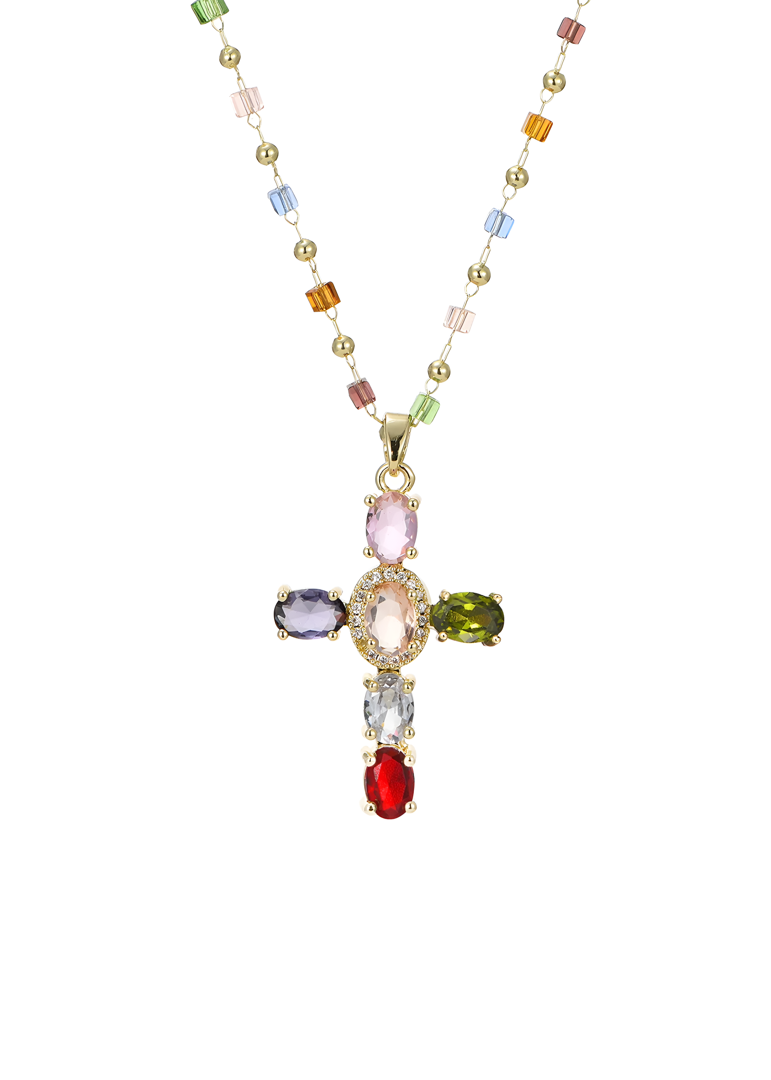 Geraldine Colorful Crystal Cross Golden Necklace – Vintage