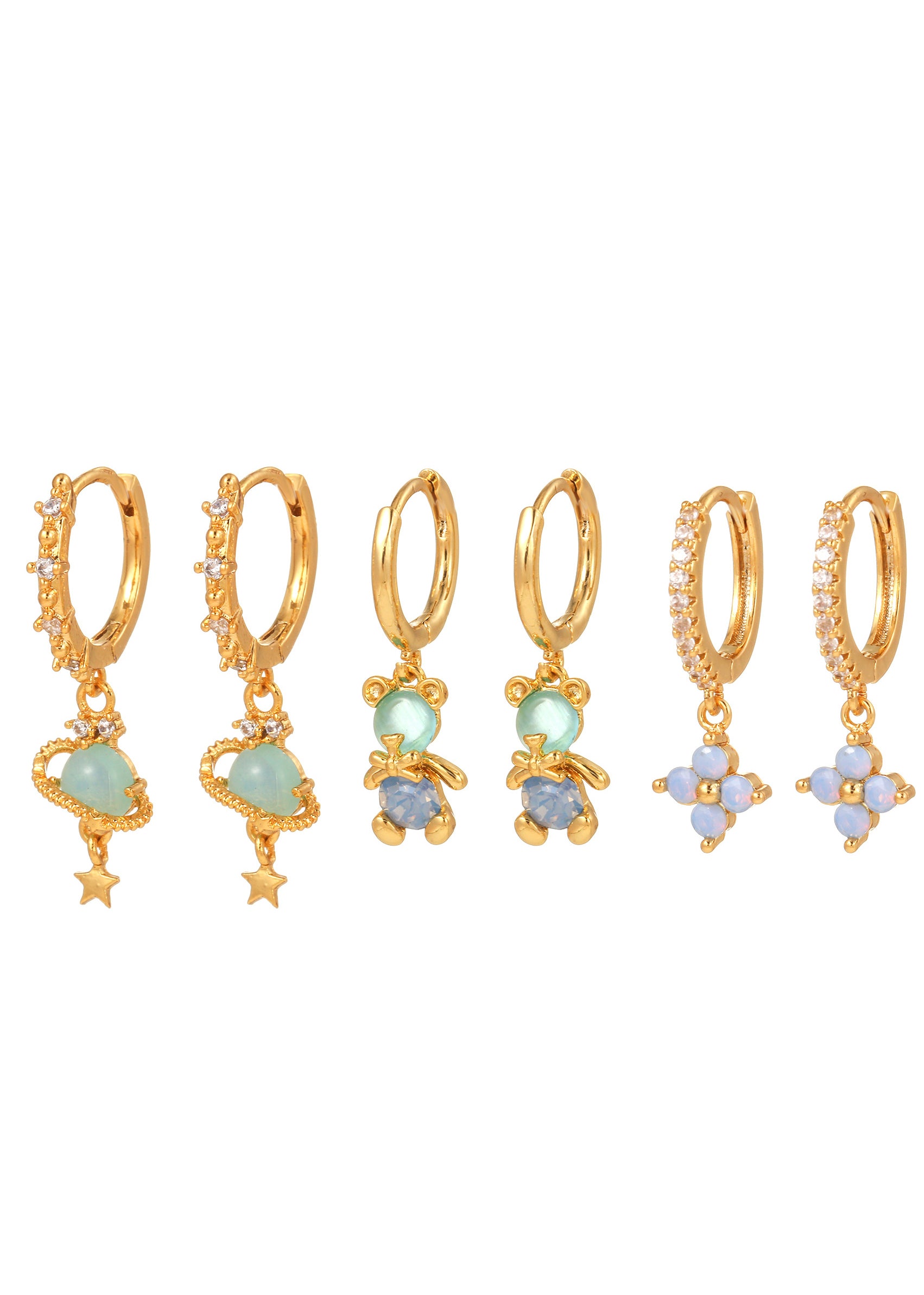 Blue Bear Clover Universe Huggie Earrings Set – Vintage Jewelry for Women | FOUFOU