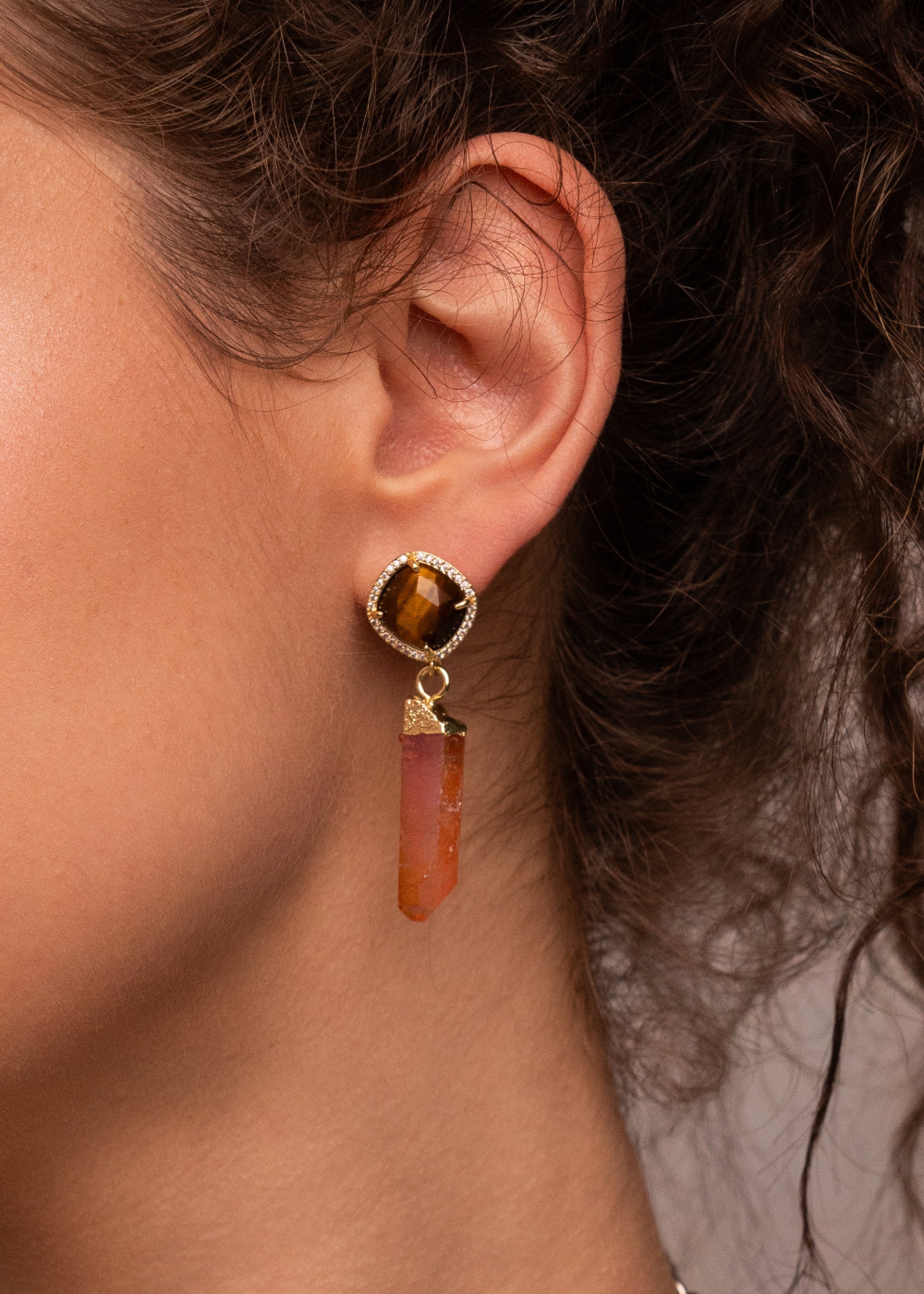 Darcy Orange Pink Natural Stone Golden Earrings