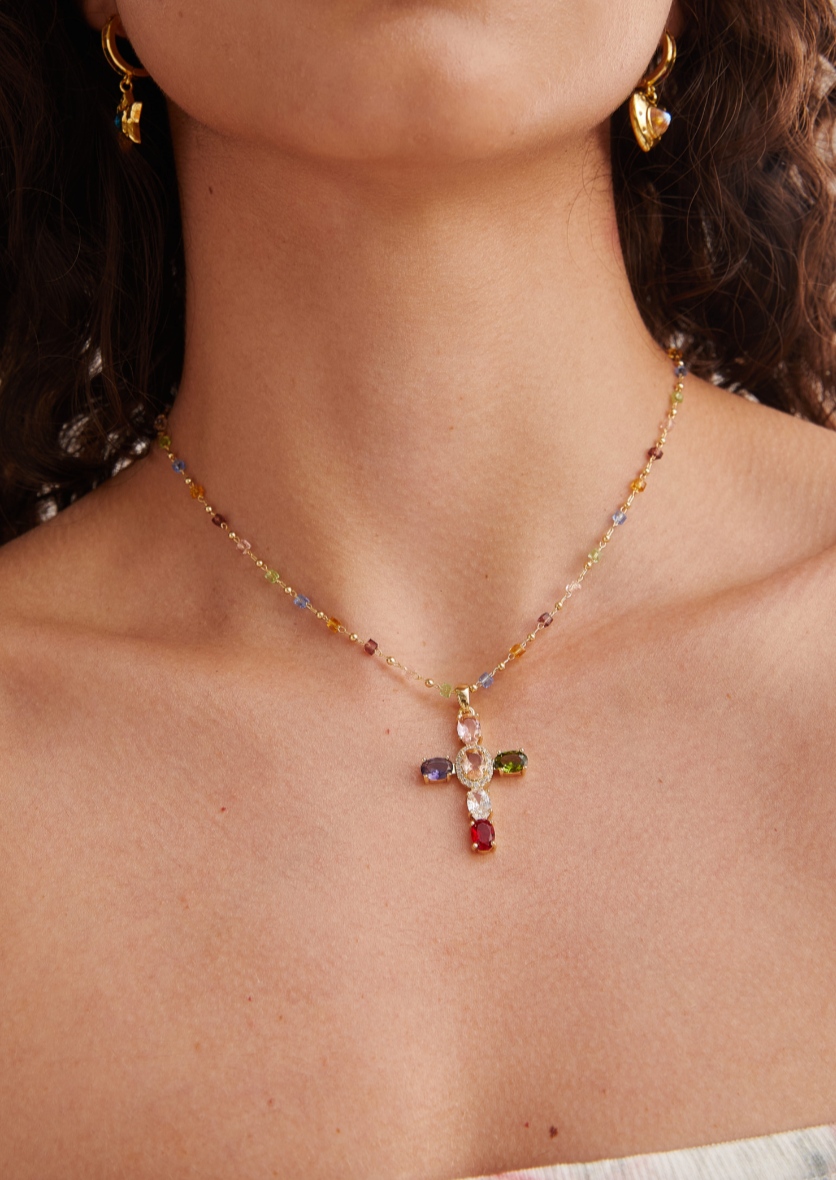 Geraldine Colorful Crystal Cross Golden Necklace