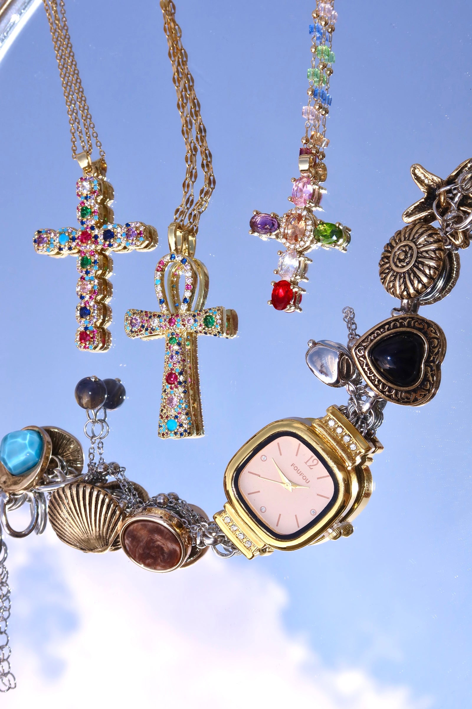 Geraldine Colorful Crystal Cross Golden Necklace