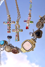 Geraldine Colorful Crystal Cross Golden Necklace