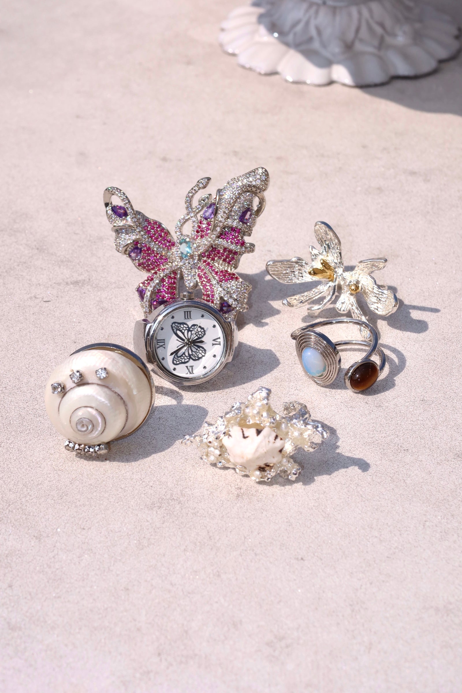 Midnight O'Clock Butterfly Adjustable Silver Watch Ring