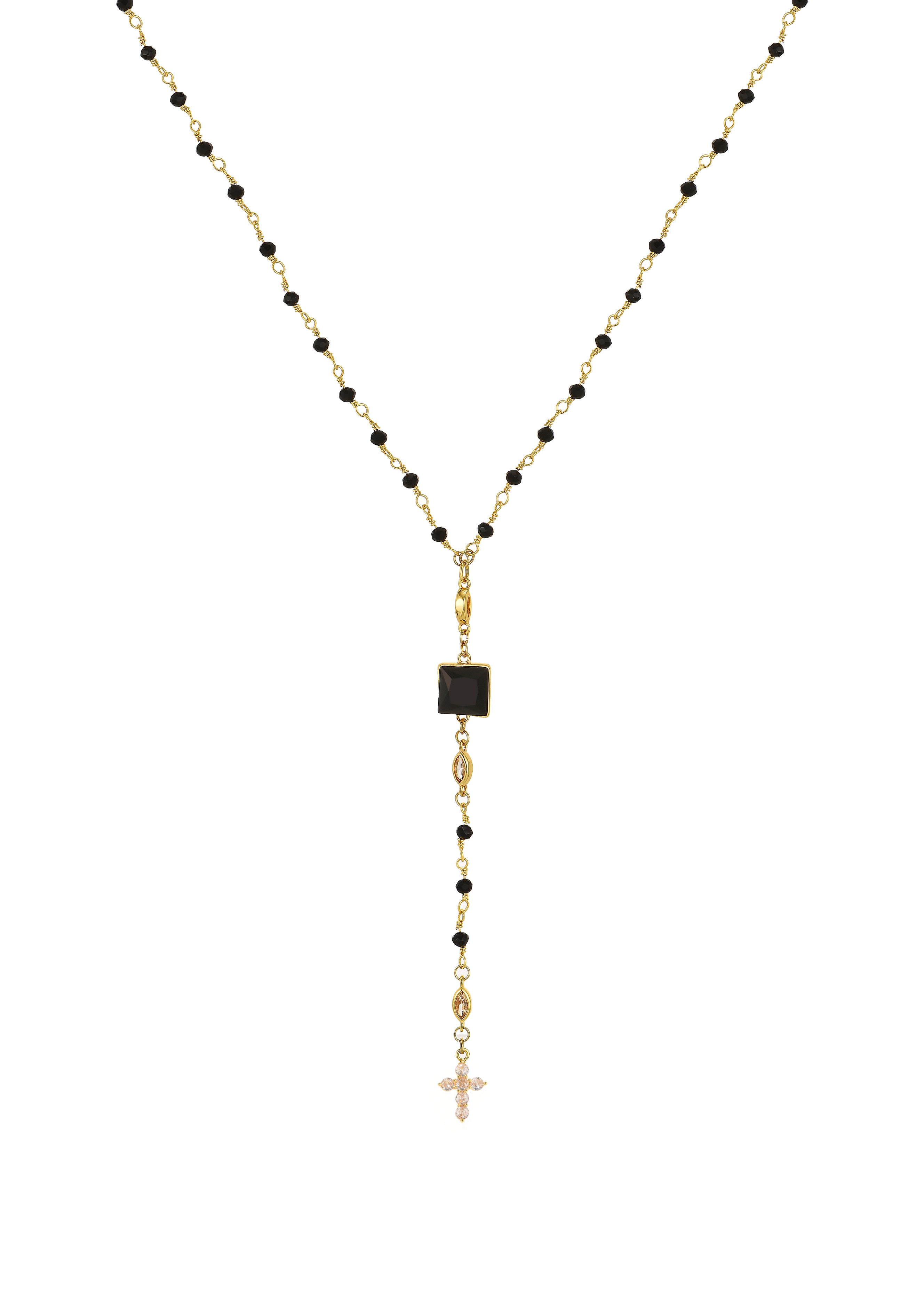 Saskia Black Beaded Cross Lariat Golden Necklace – Vintage Jewelry