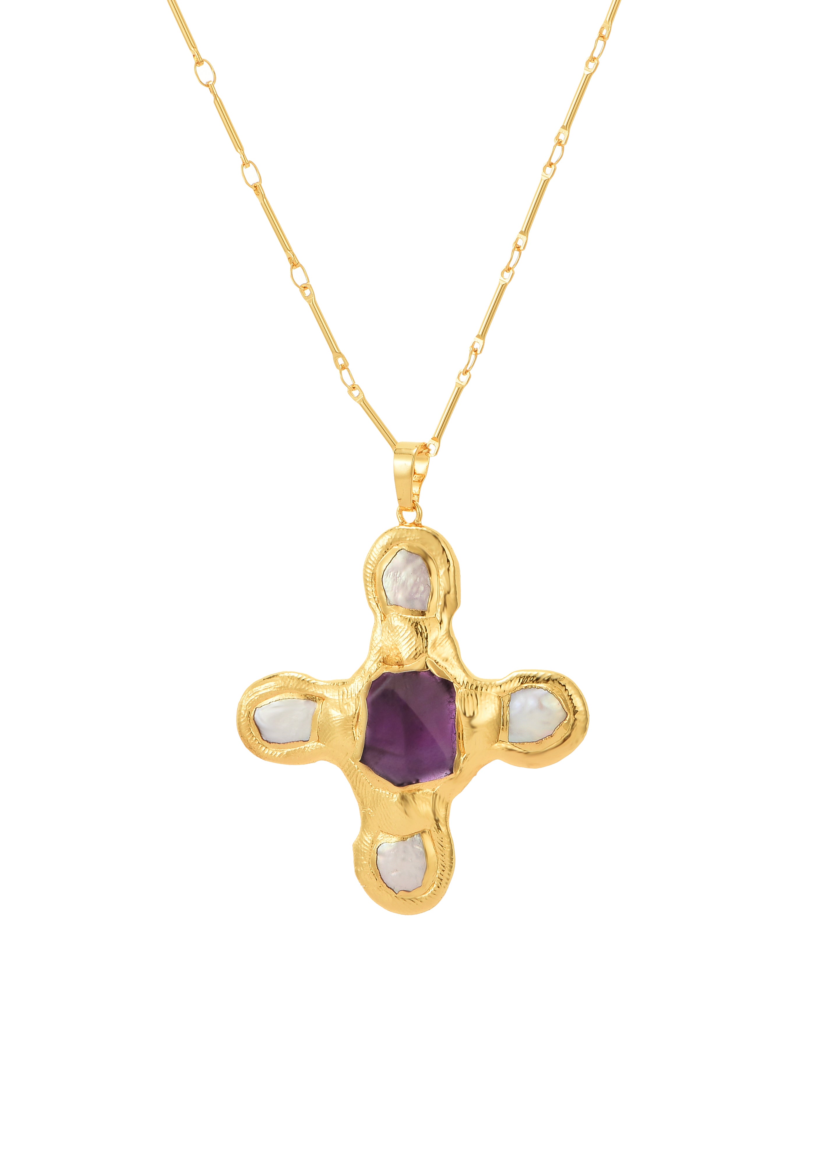 Paul Purple Crystal Shell Cross Golden Necklace