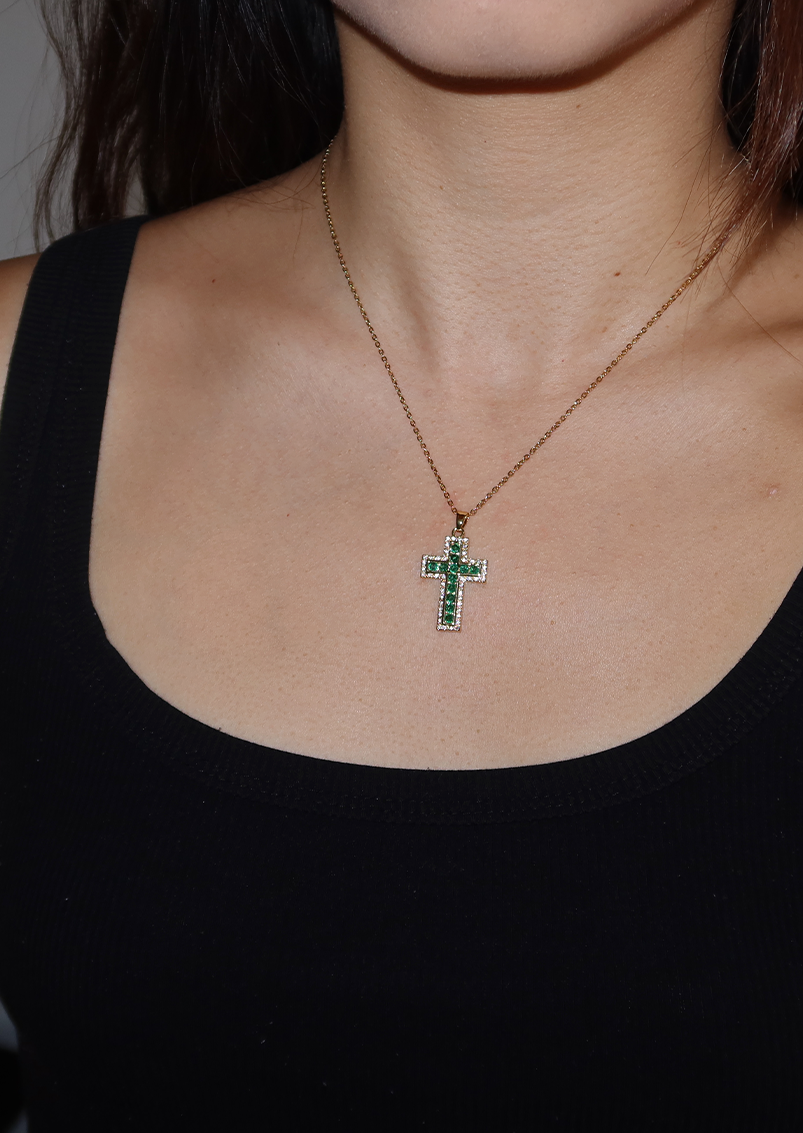 Raphaelle Glittering Cross Necklace - Green