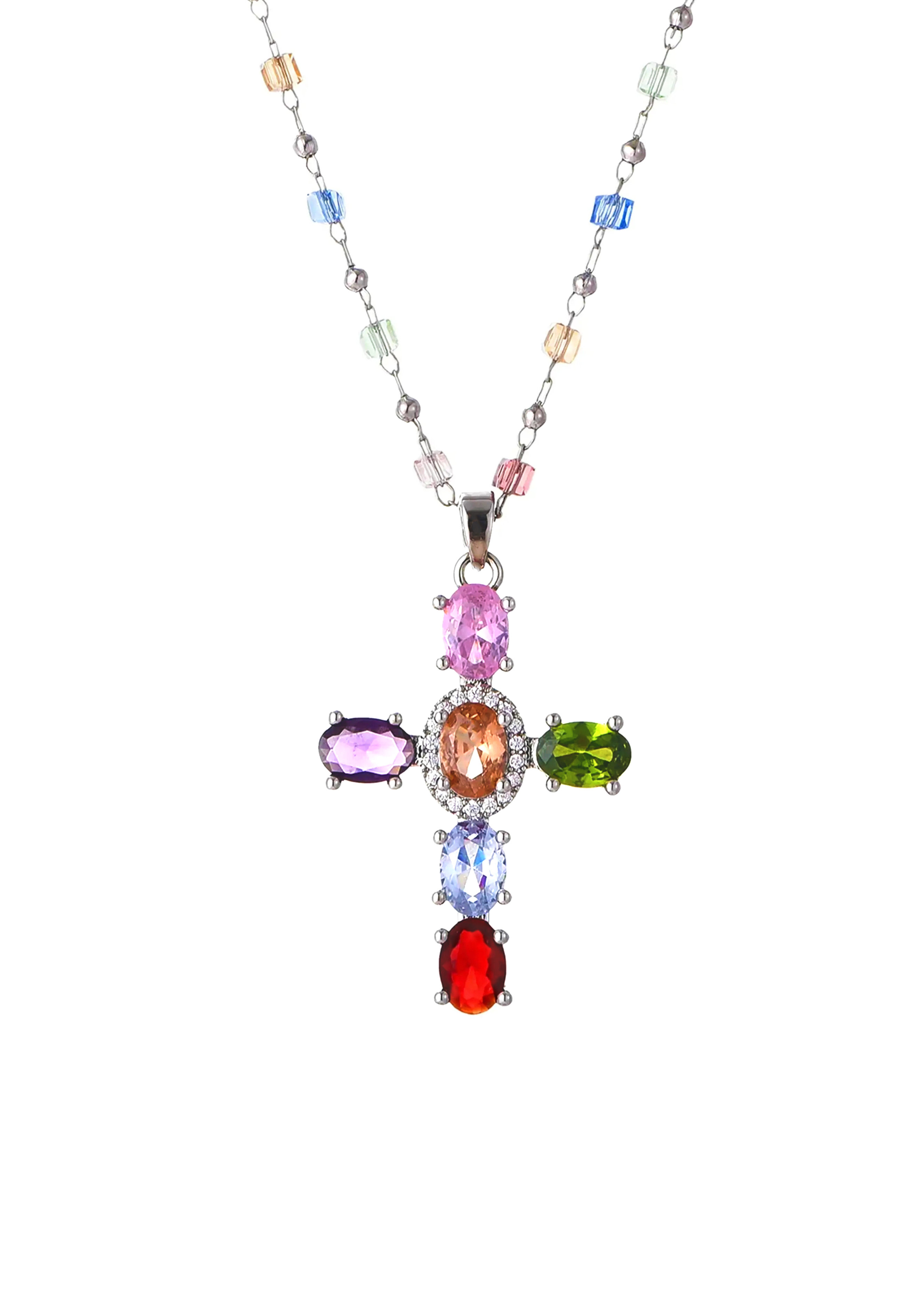 Collar Geraldine Cruz de Cristal de Colores Dorado