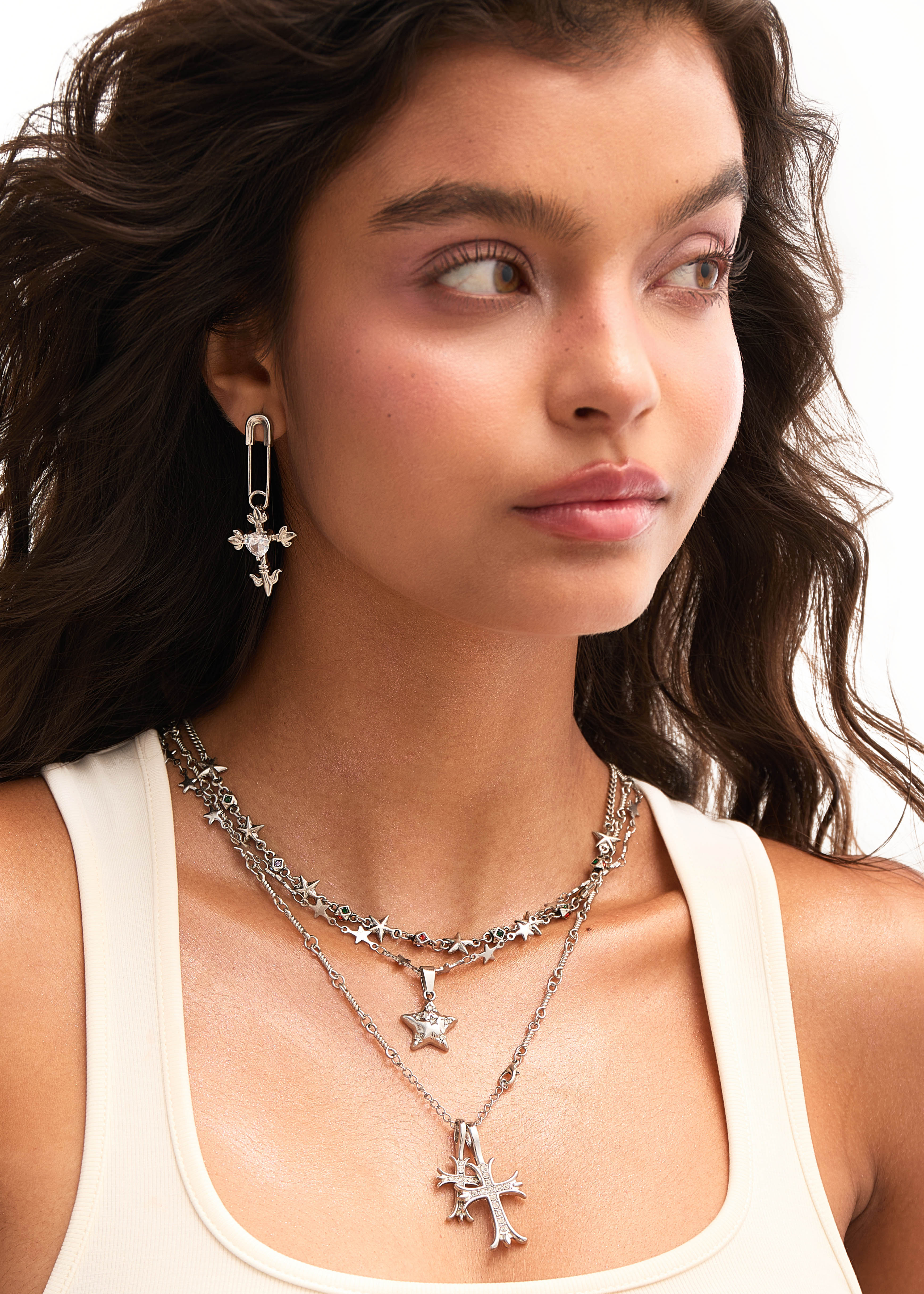 Foufou Fantasy Love Cross Heart Silver Earrings