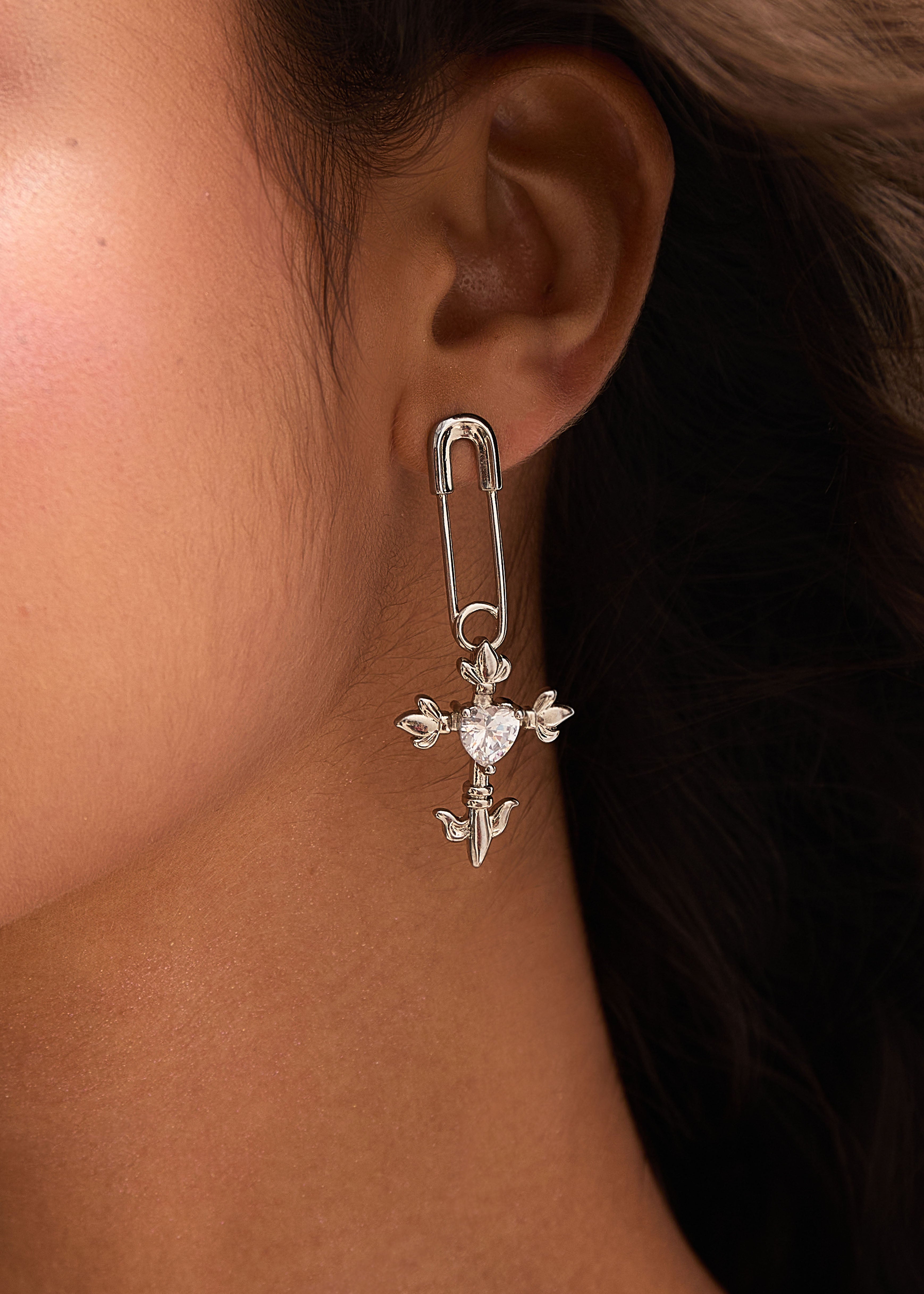 Foufou Fantasy Love Cross Heart Silver Earrings