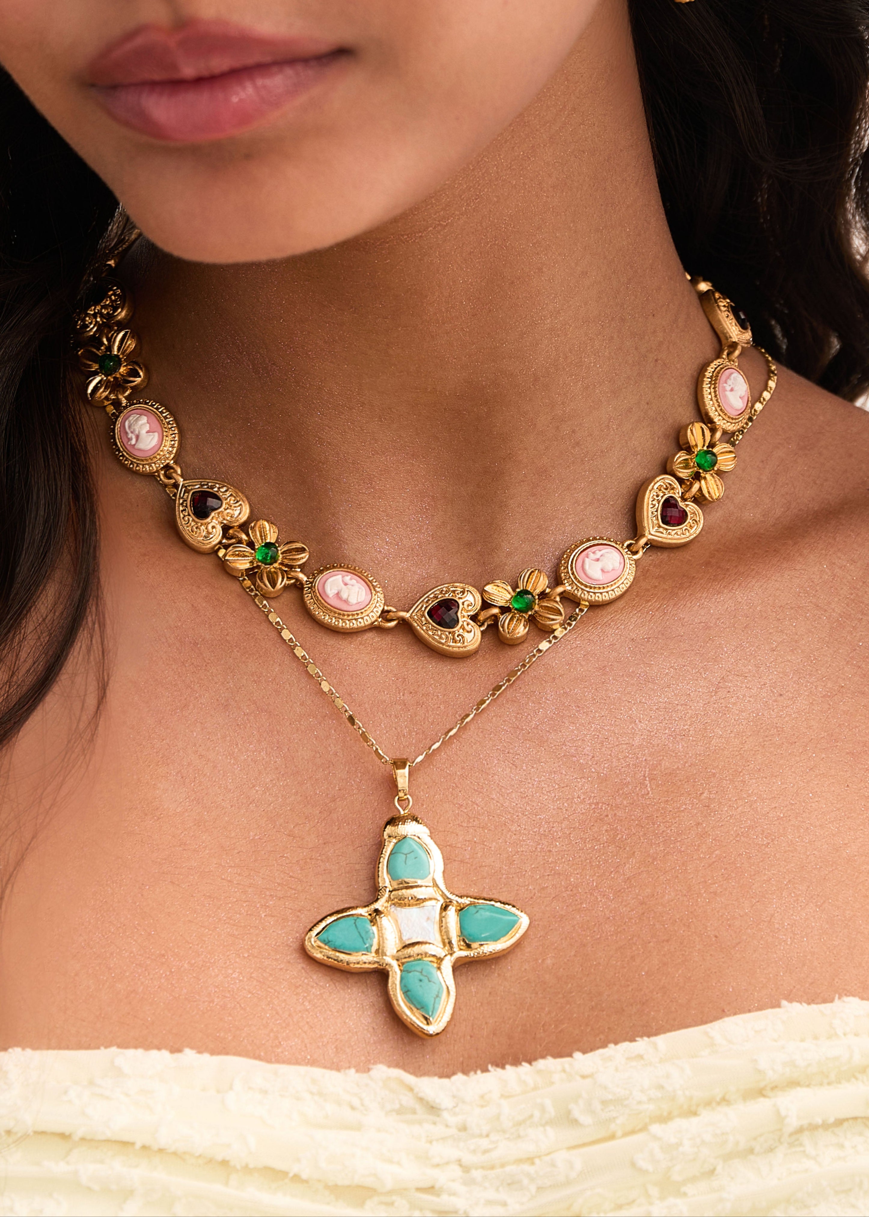 Lou Turquoise Shell Cross Summer Golden Necklace