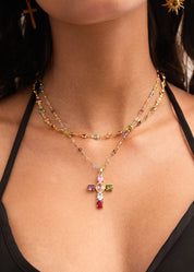 Geraldine Colorful Crystal Cross Silver Necklace