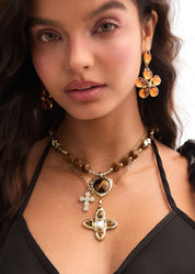 Lou Tiger's Eye Shell Cross Gold Necklace