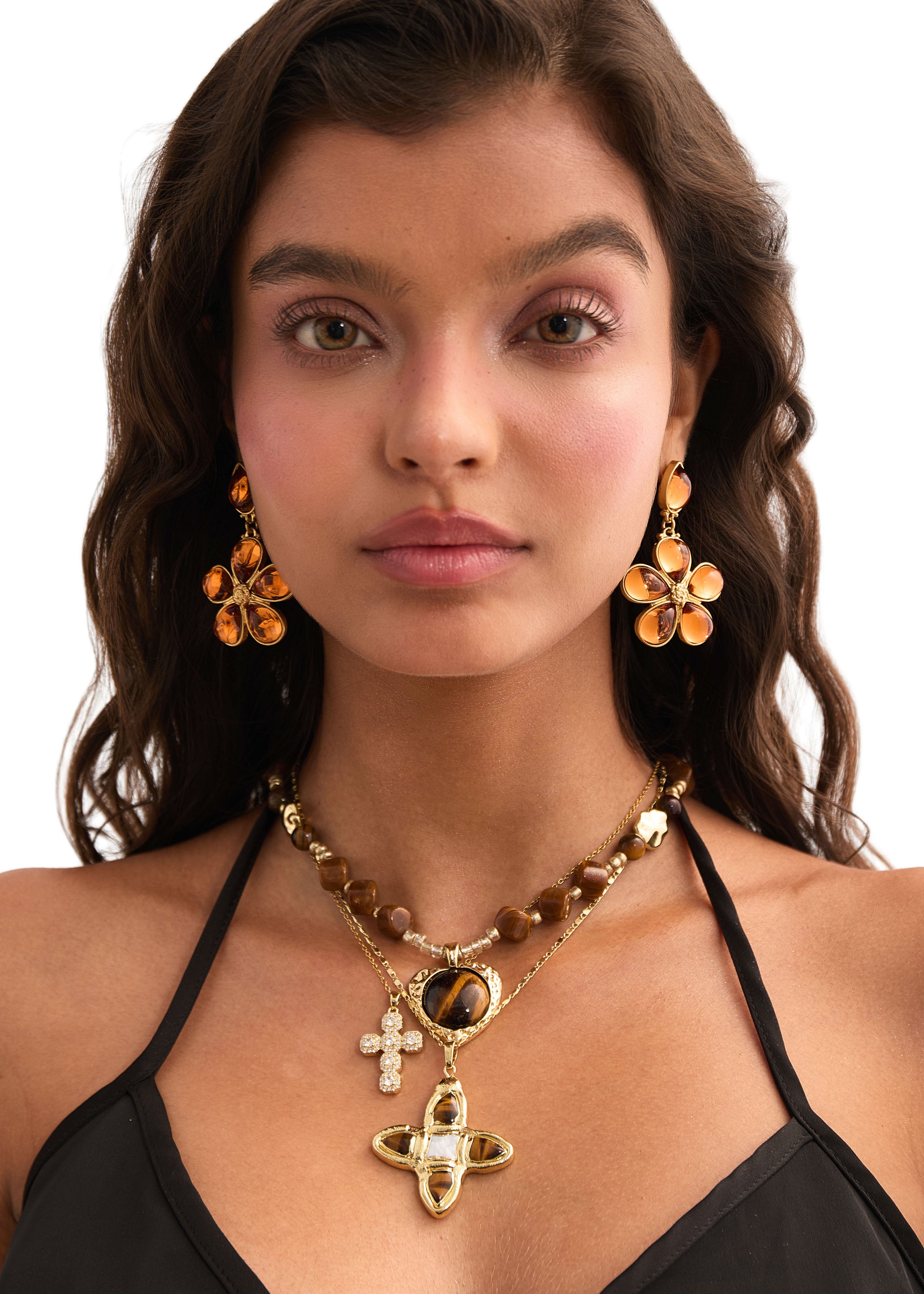 Lou Tiger's Eye Shell Cross Gold Necklace