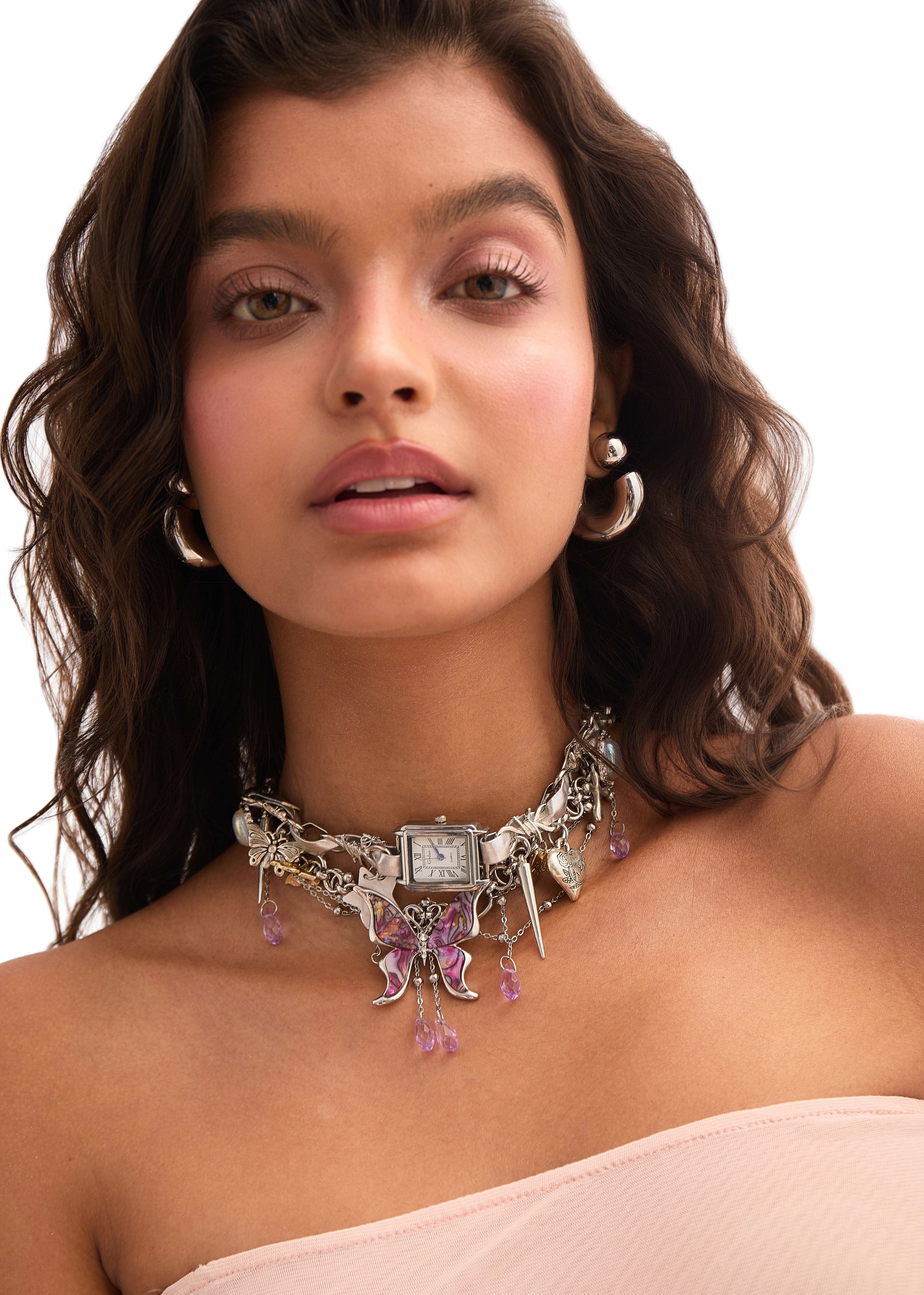 Purple Jungle Butterfly Grunge Silver Necklace