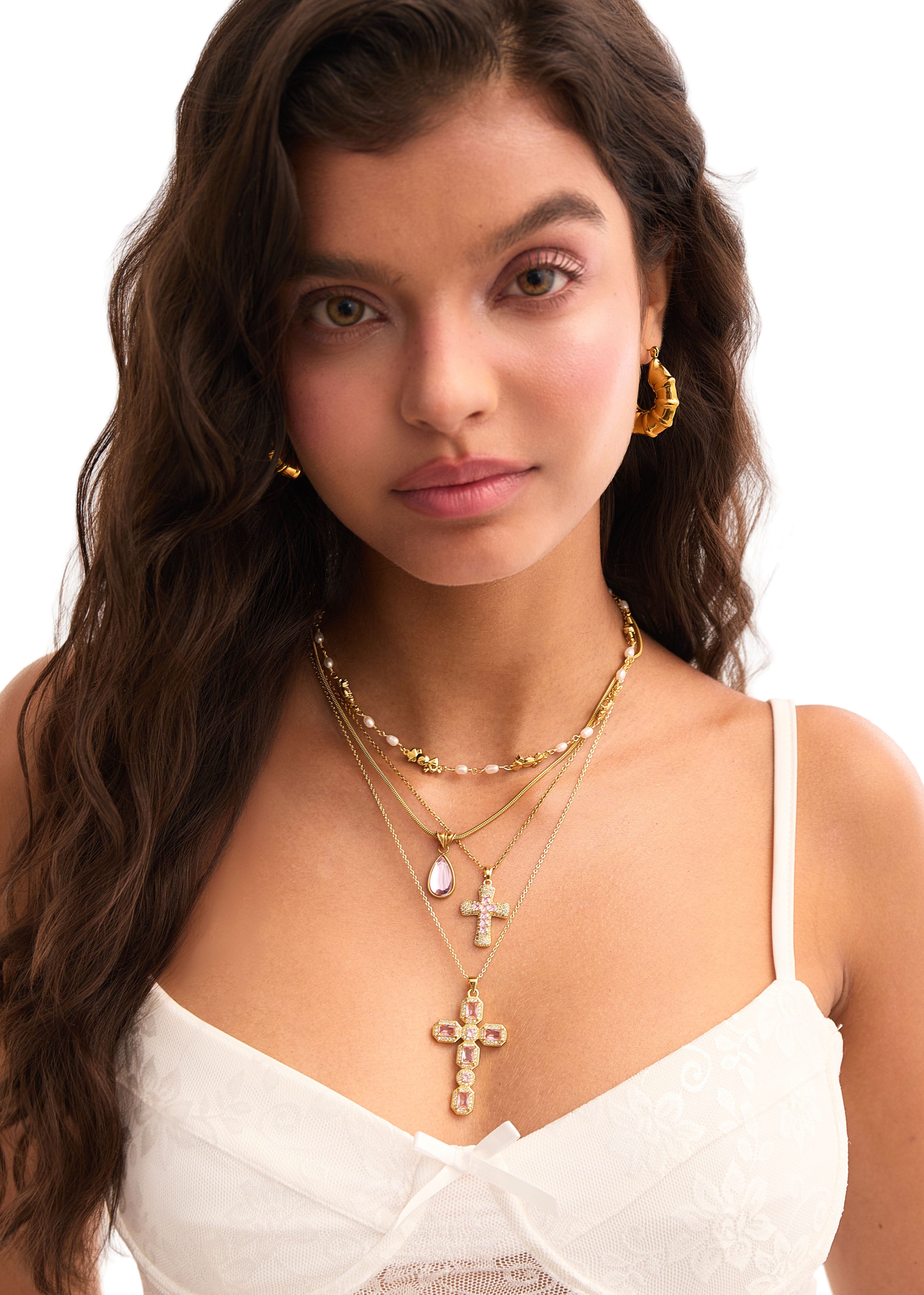 Scarlett Pink Golden Cross Necklace