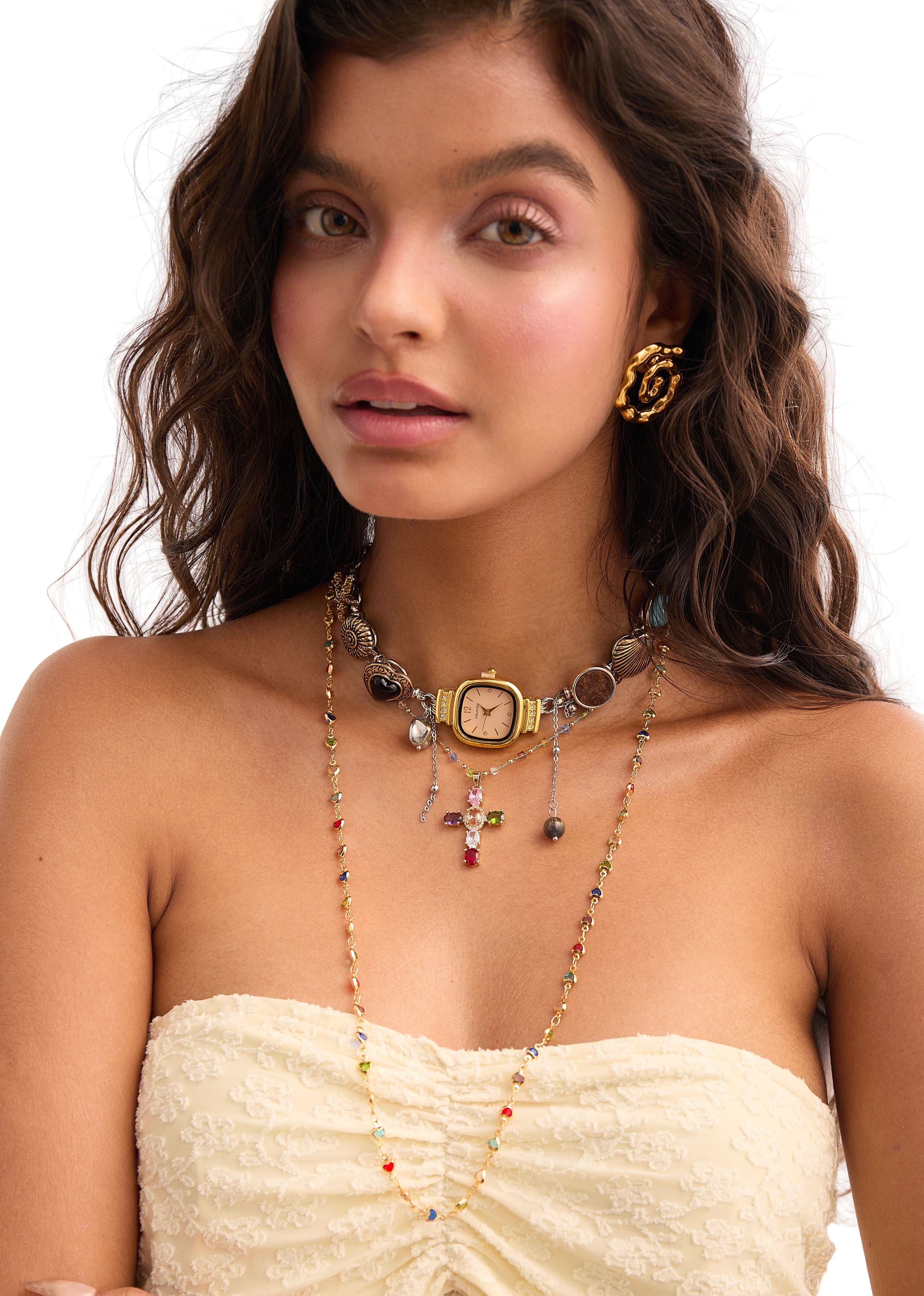 Michelle Colorful Hearts Love Golden XL Long Lariat Necklace