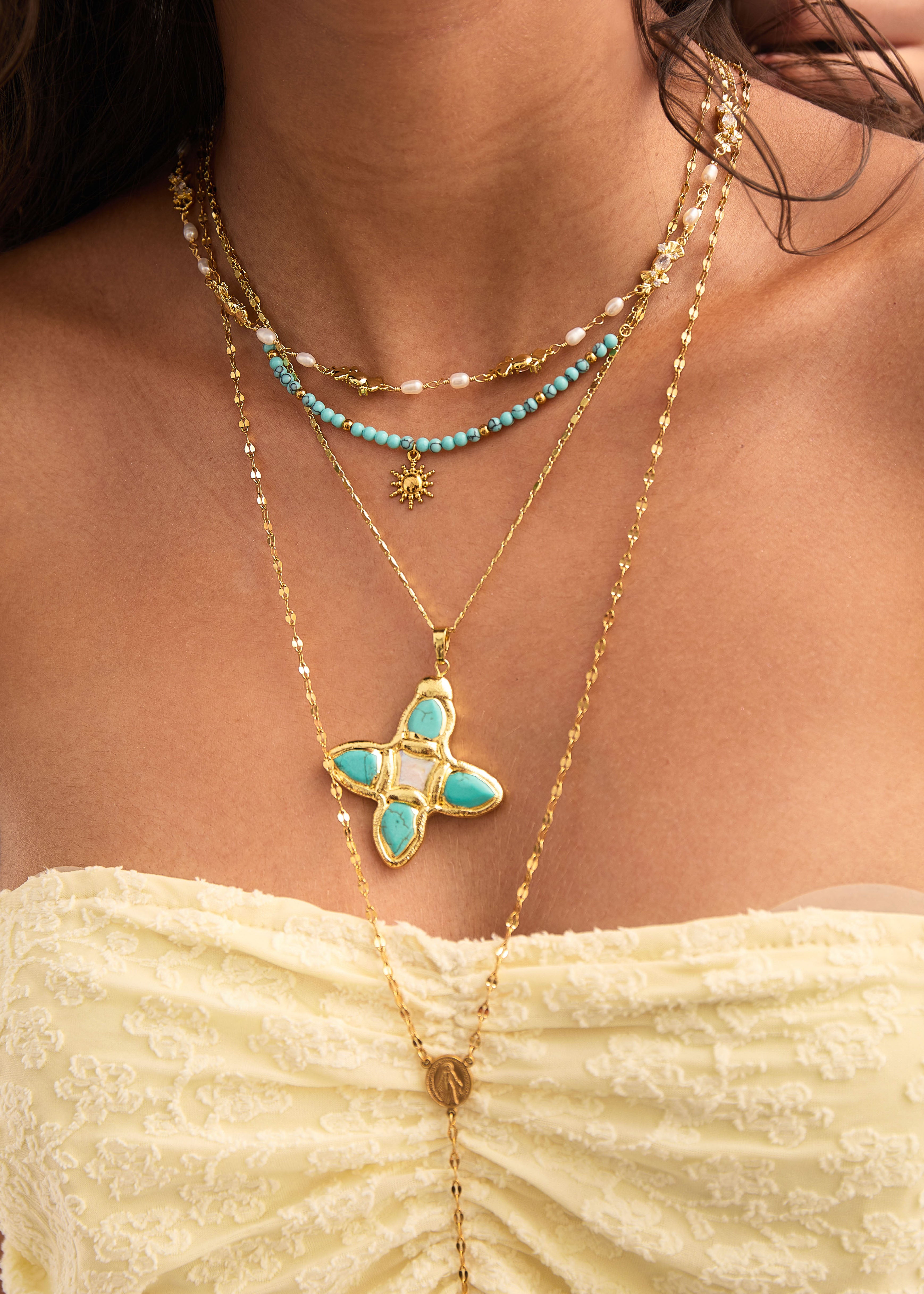 Sun In Blue Turquoise Golden Necklace