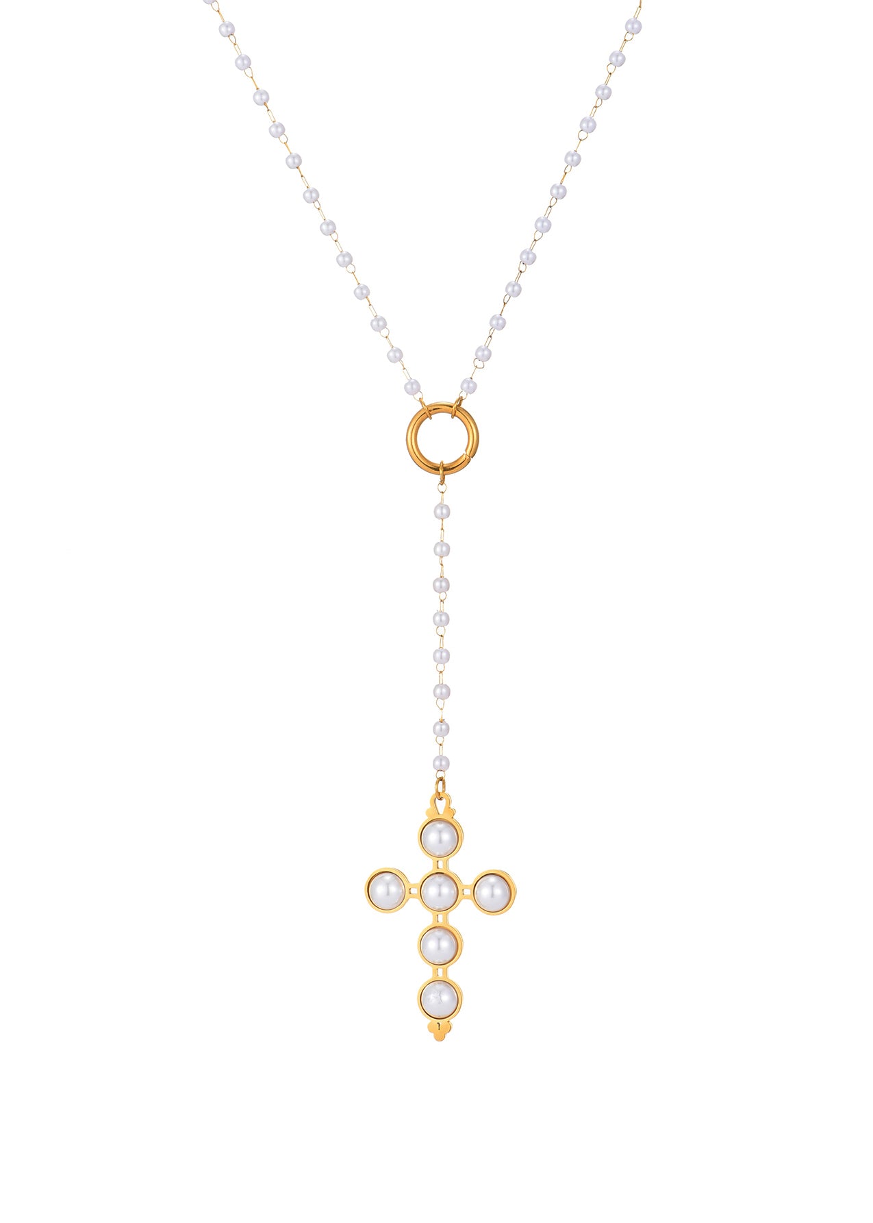 Marvin Pearl Cross Lariat Golden Necklace