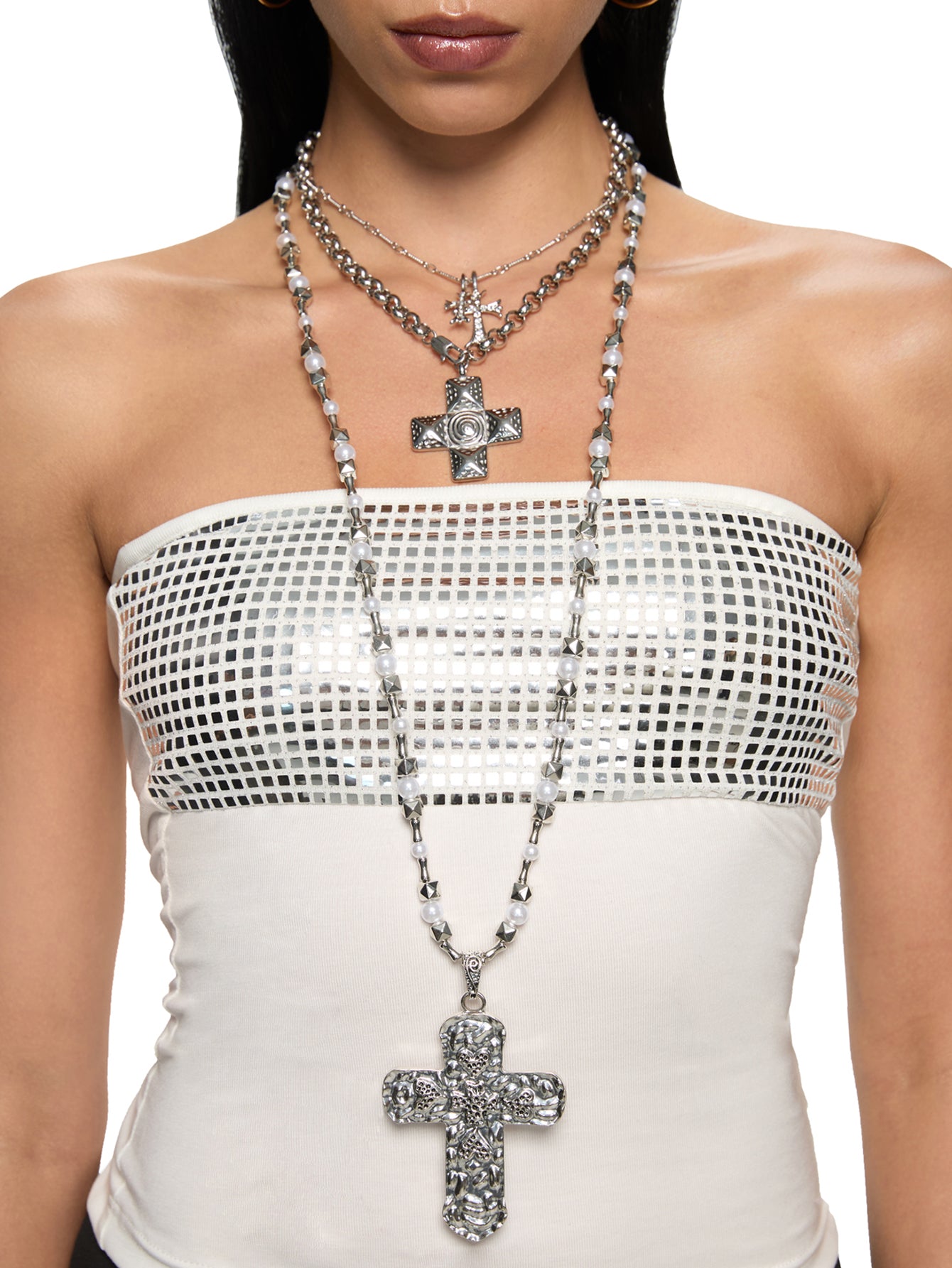Ursula Large Cross Silver Long Necklace