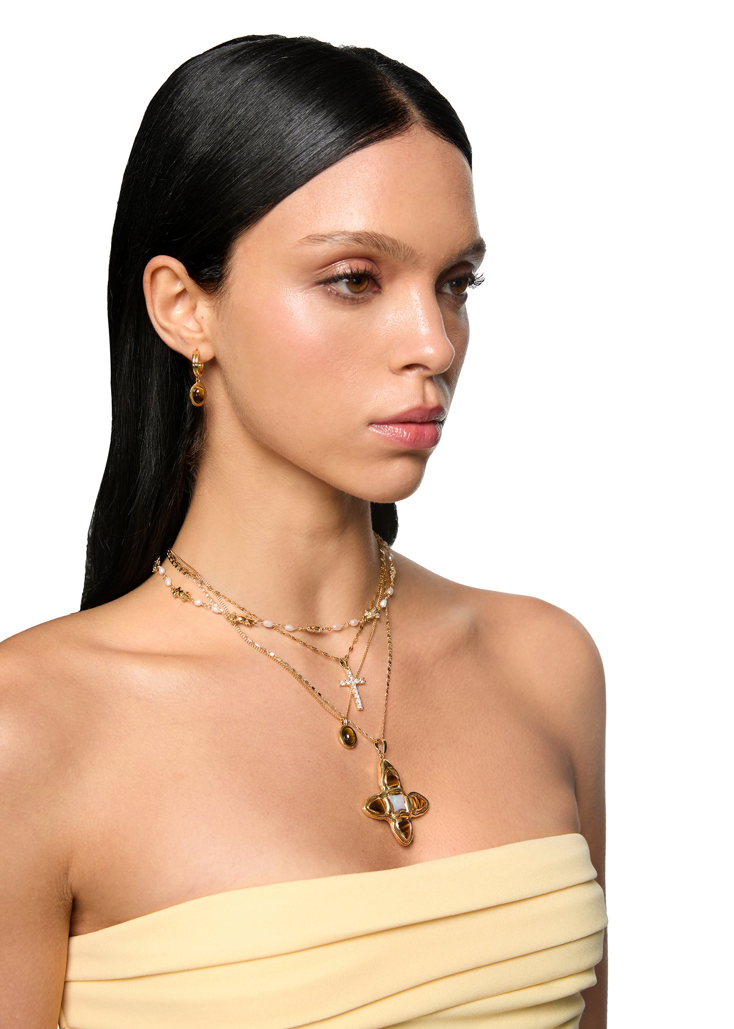 Lou Tiger's Eye Shell Cross Gold Necklace