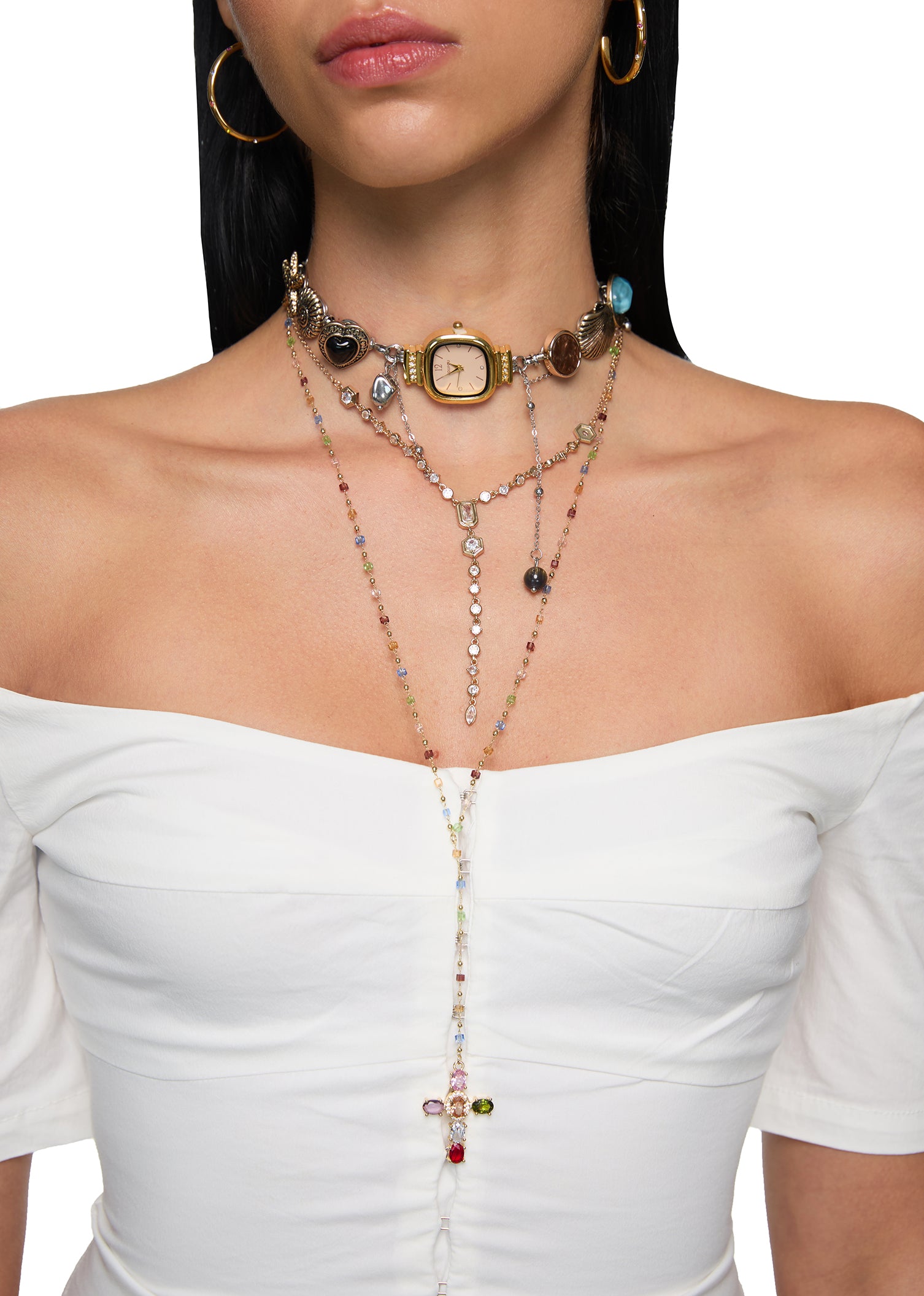 Saskia Black Beaded Cross Lariat Golden Necklace – Vintage Jewelry