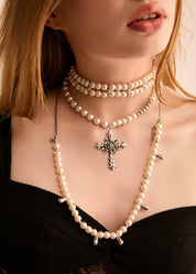 Mary White Rose Cross Pearl Long Layer Necklace