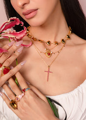 Charline Red Rose Fine Cross Golden Necklace