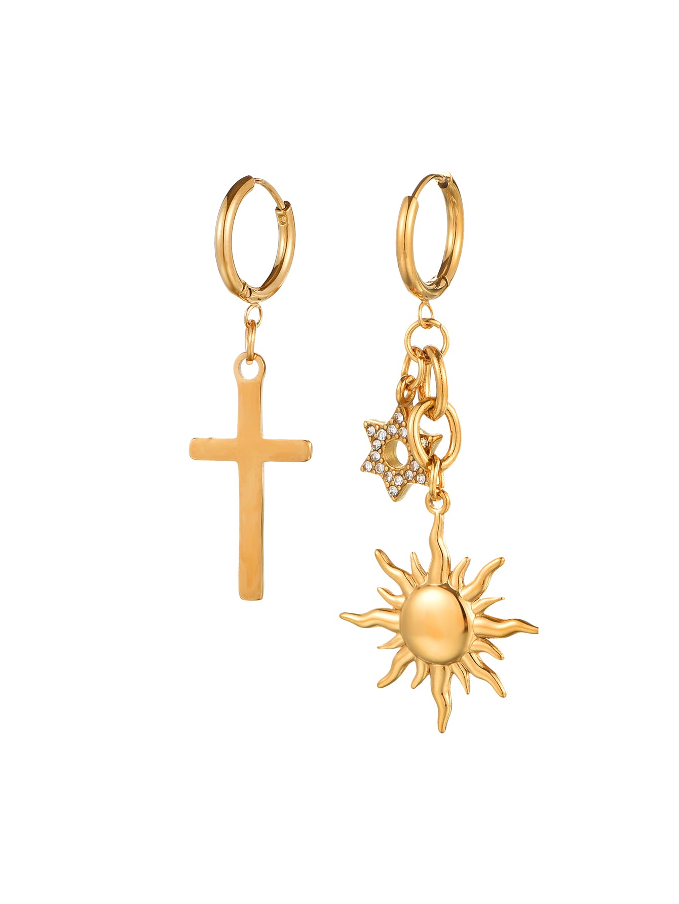Sun & Cross Golden Earrings
