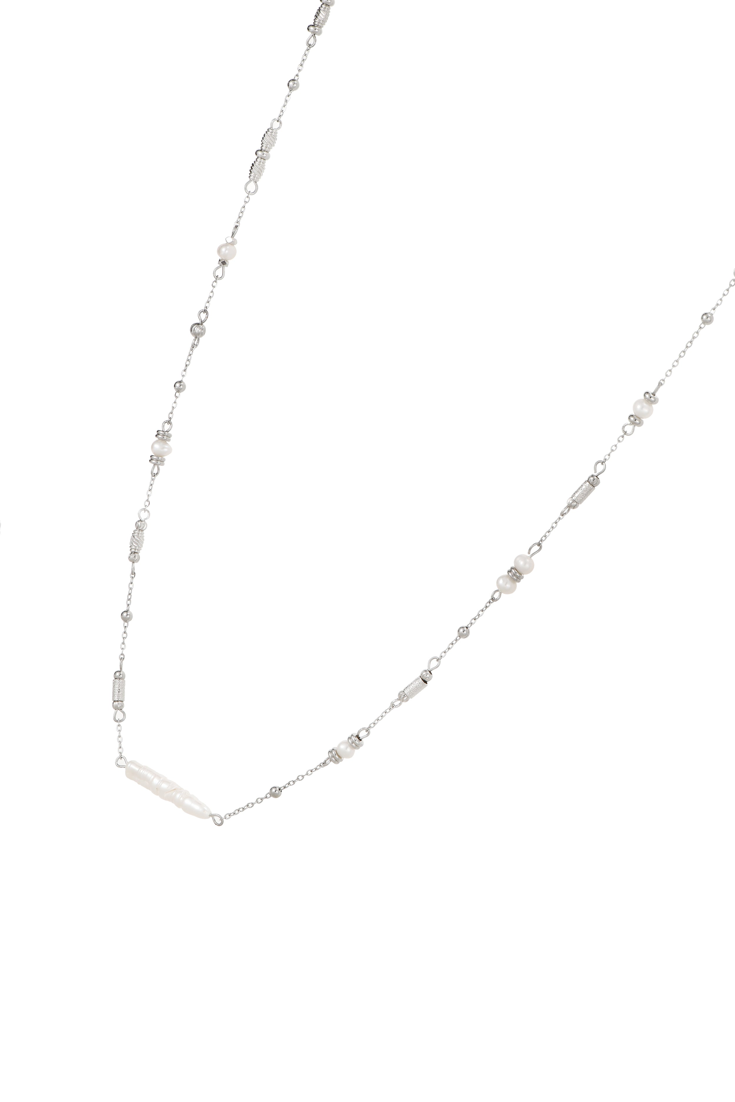 Boho Pearl Long Chain Silver Necklace