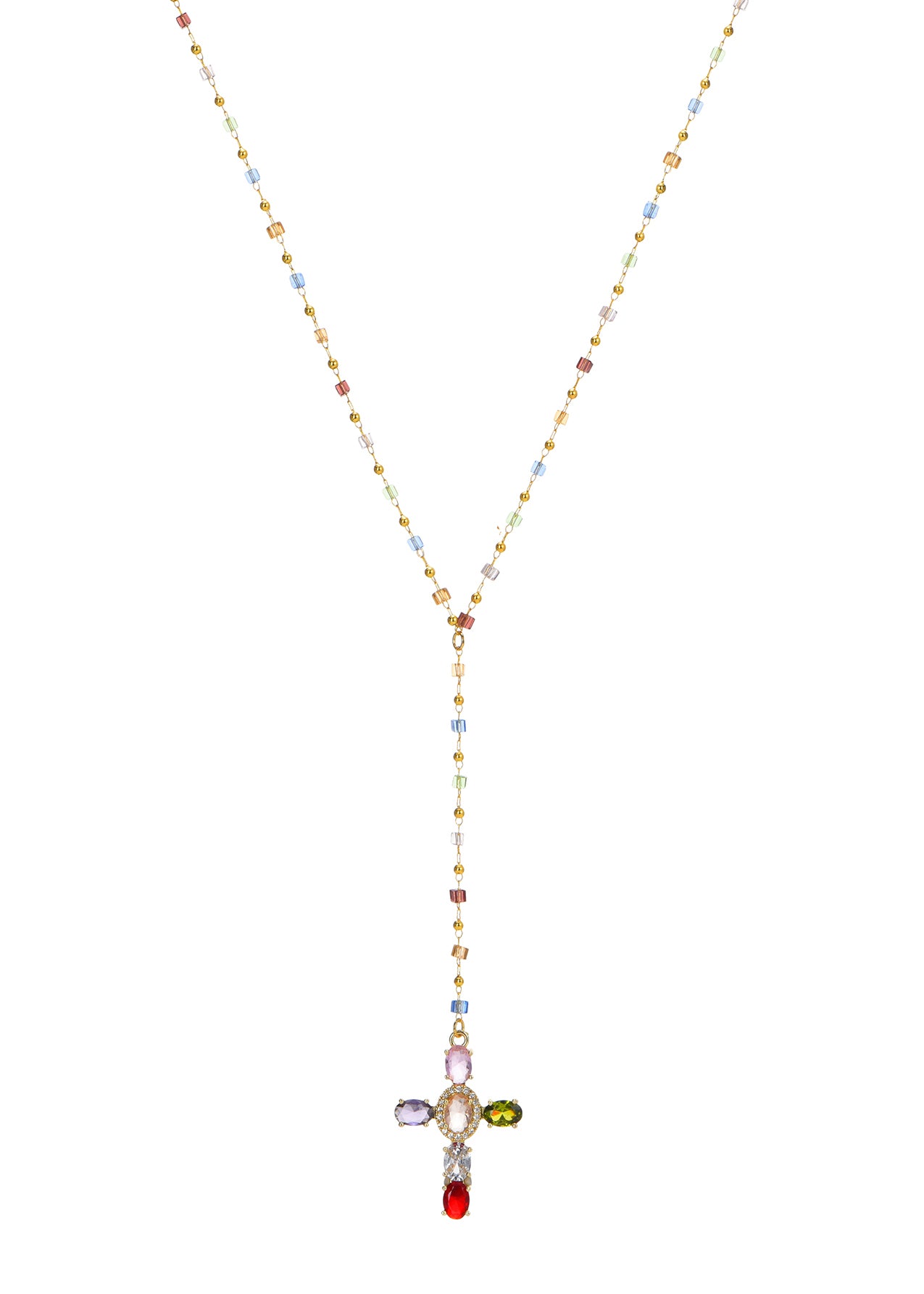 Geraldine Colorful Crystal Cross Lariat Necklace