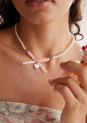 Nanako Pink Ribbon Silver Heart Necklace