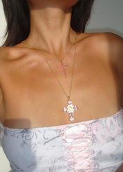 Charline Red Rose Fine Cross Golden Necklace