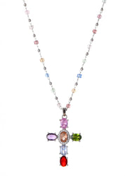 Geraldine Colorful Crystal Cross Golden Necklace