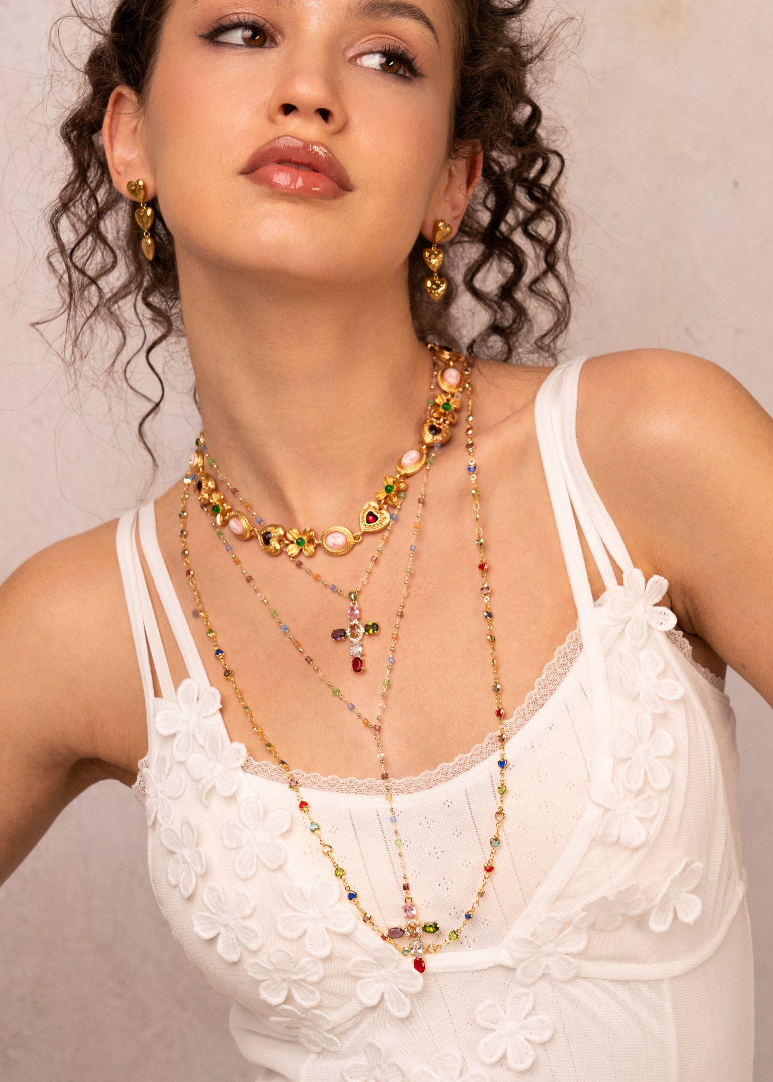 Michelle Colorful Hearts Love Golden XL Long Lariat Necklace