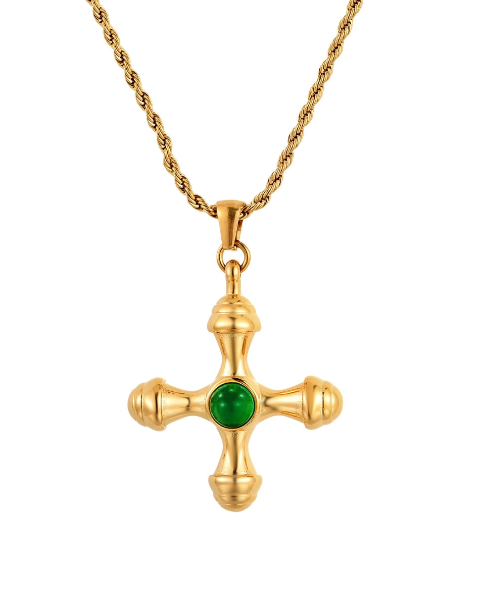 Kiara Green Stone Cross Golden Necklace