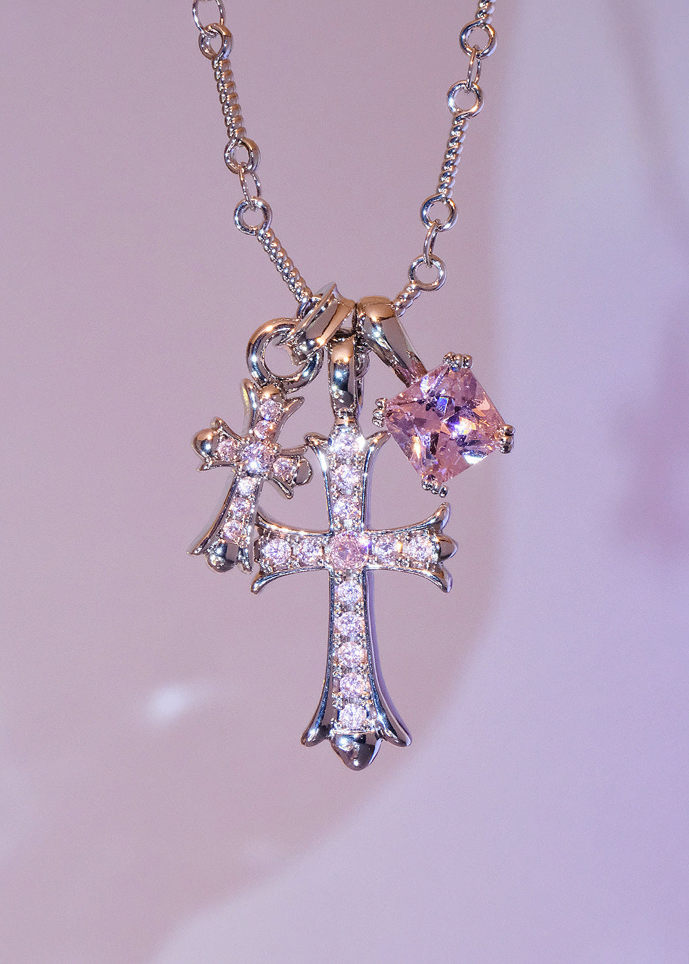 Val Duo Cross  Pink Silver Necklace