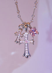 Val Duo Cross  Pink Silver Necklace