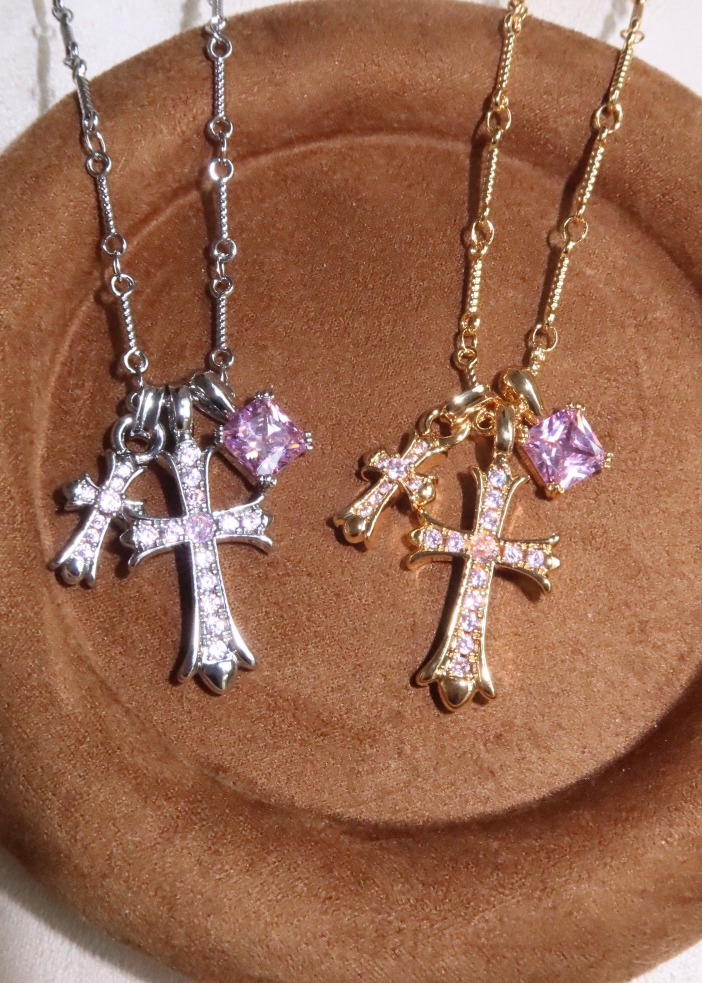 Val Duo Cross  Pink Silver Necklace